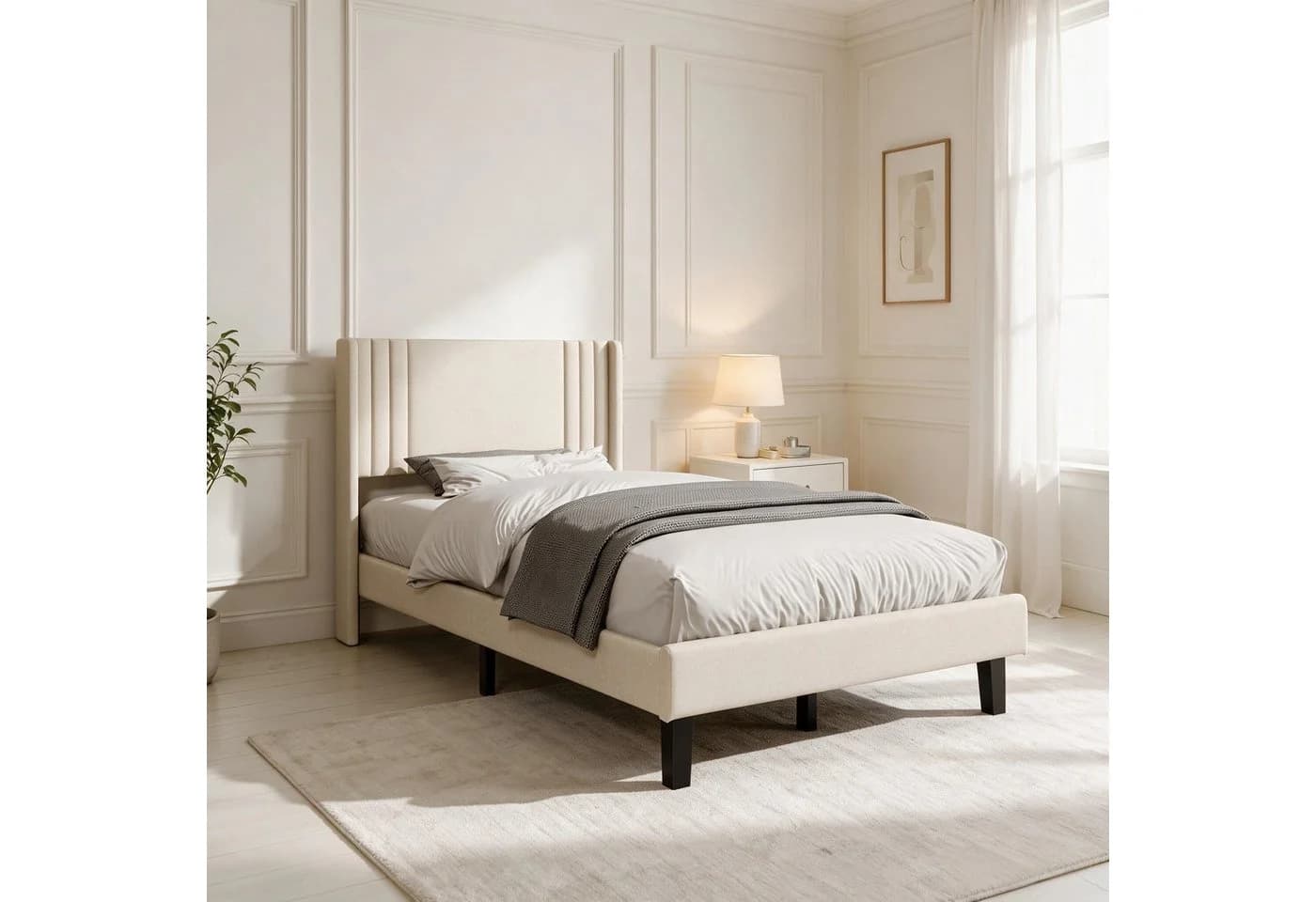 Simurq Einzelbett 90x200 cm mit gepolstertem Kopfteil und Leinenbezug - Bild 5