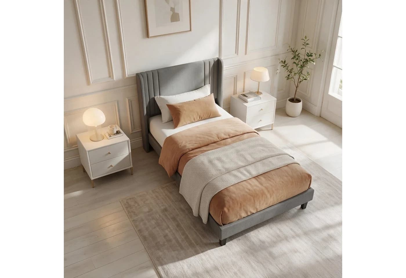 Simurq Einzelbett 90x200 cm mit gepolstertem Kopfteil und Leinenbezug Grau - Bild 2