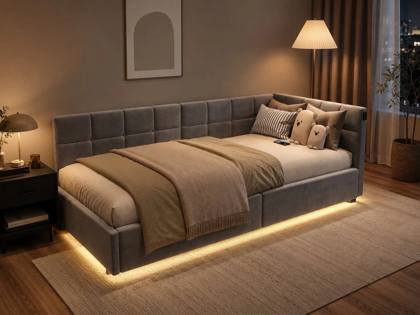 Simurq Einzelbett mit Stauraum und USB-Anschluss Grau
