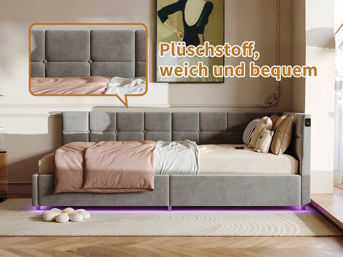 Simurq Einzelbett mit Stauraum und USB-Anschluss Grau - Bild 5