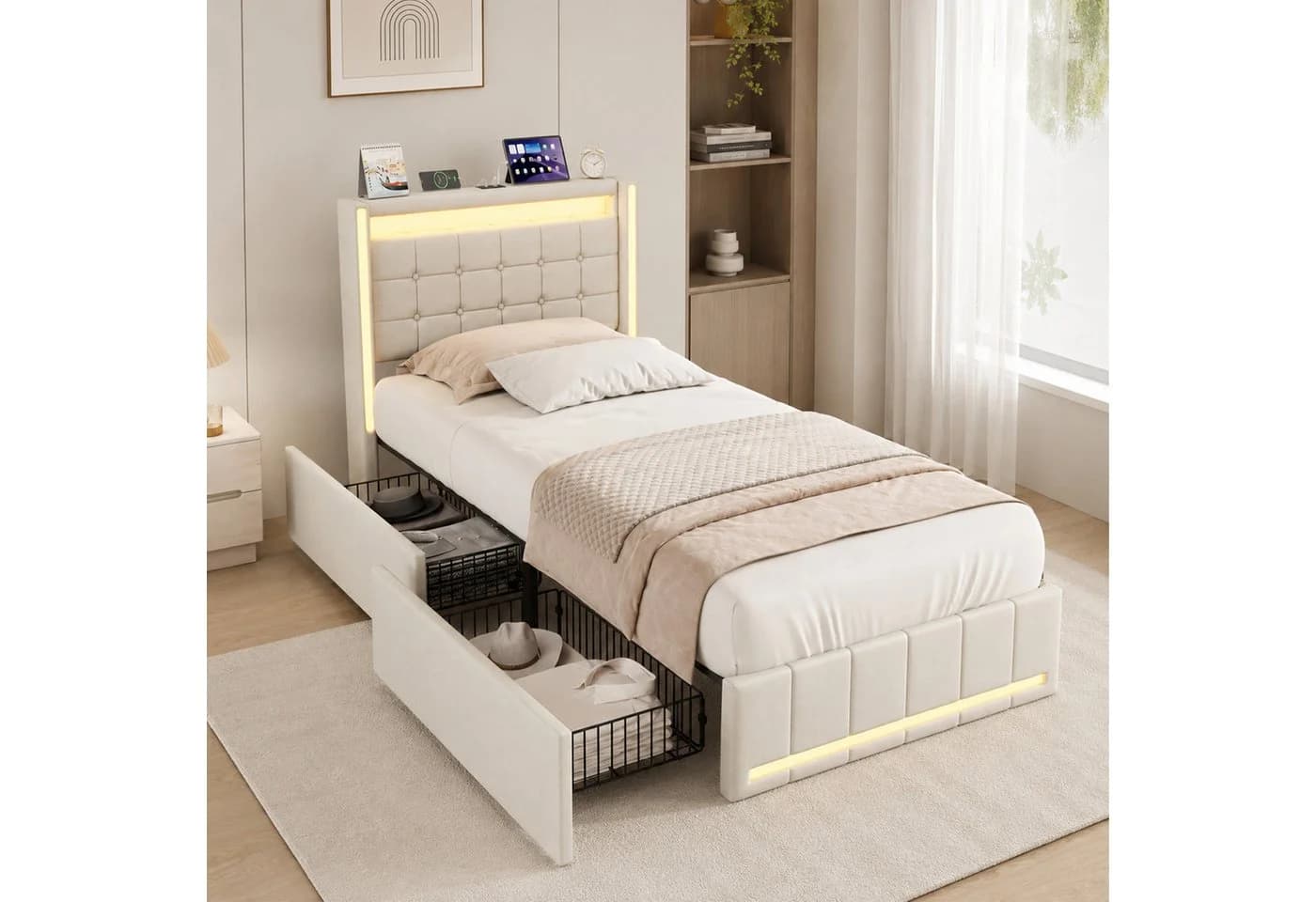 Simurq Polsterbett Beige mit Stauraum, LED & USB - Bild 2