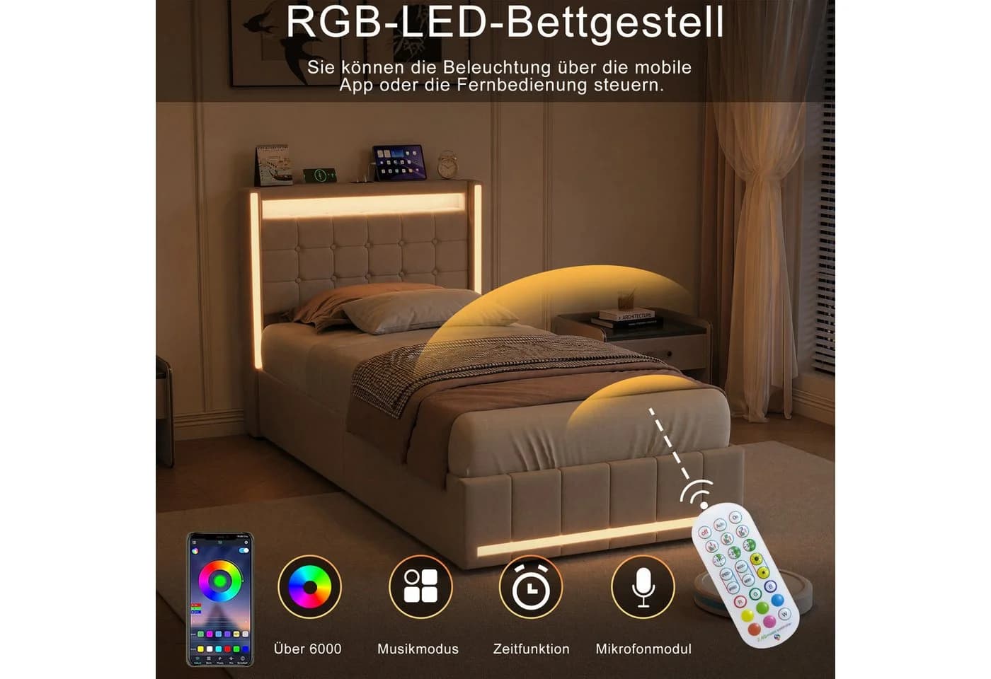 Simurq Polsterbett Beige mit Stauraum, LED & USB - Bild 4