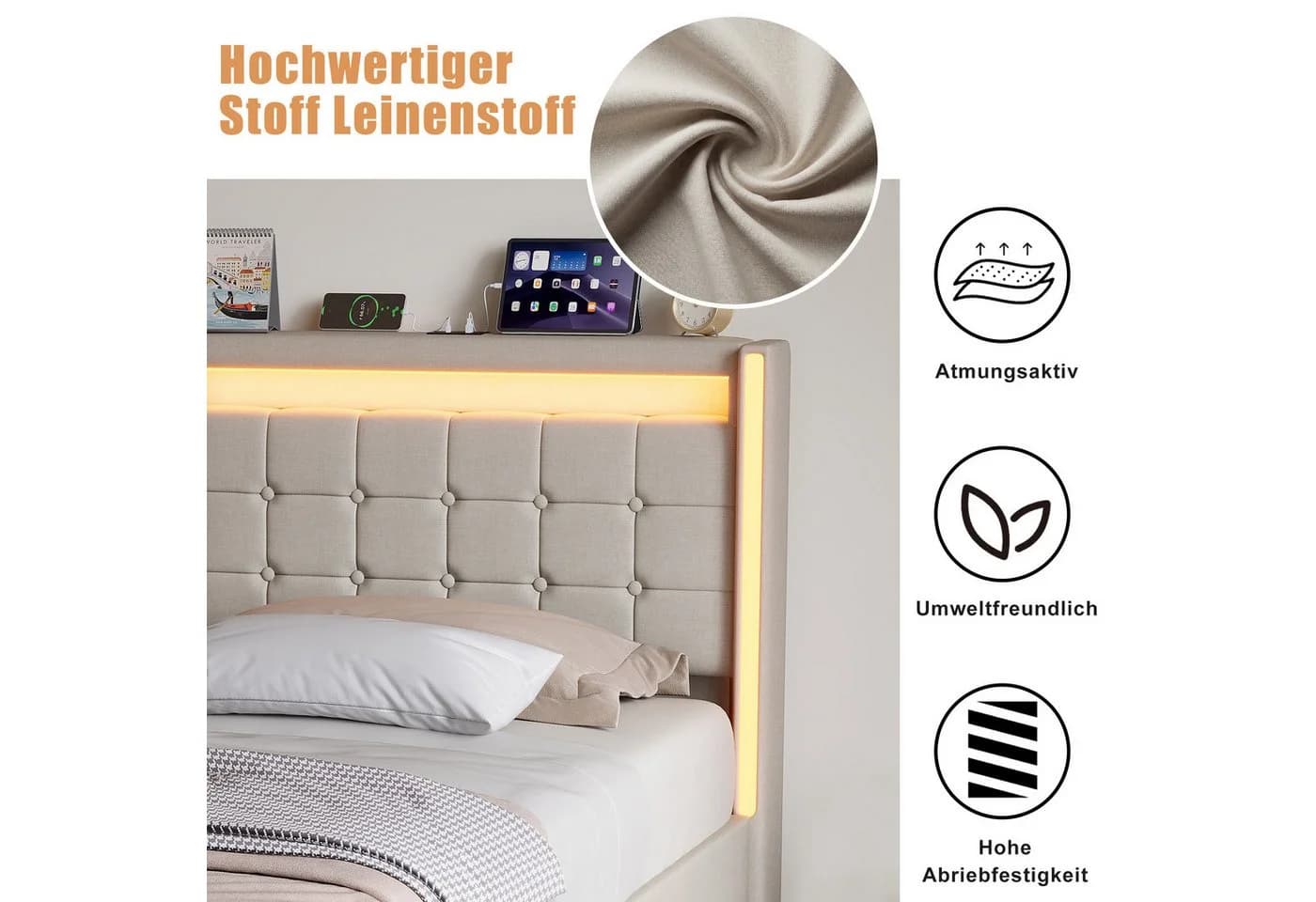 Simurq Polsterbett Beige mit Stauraum, LED & USB - Bild 5