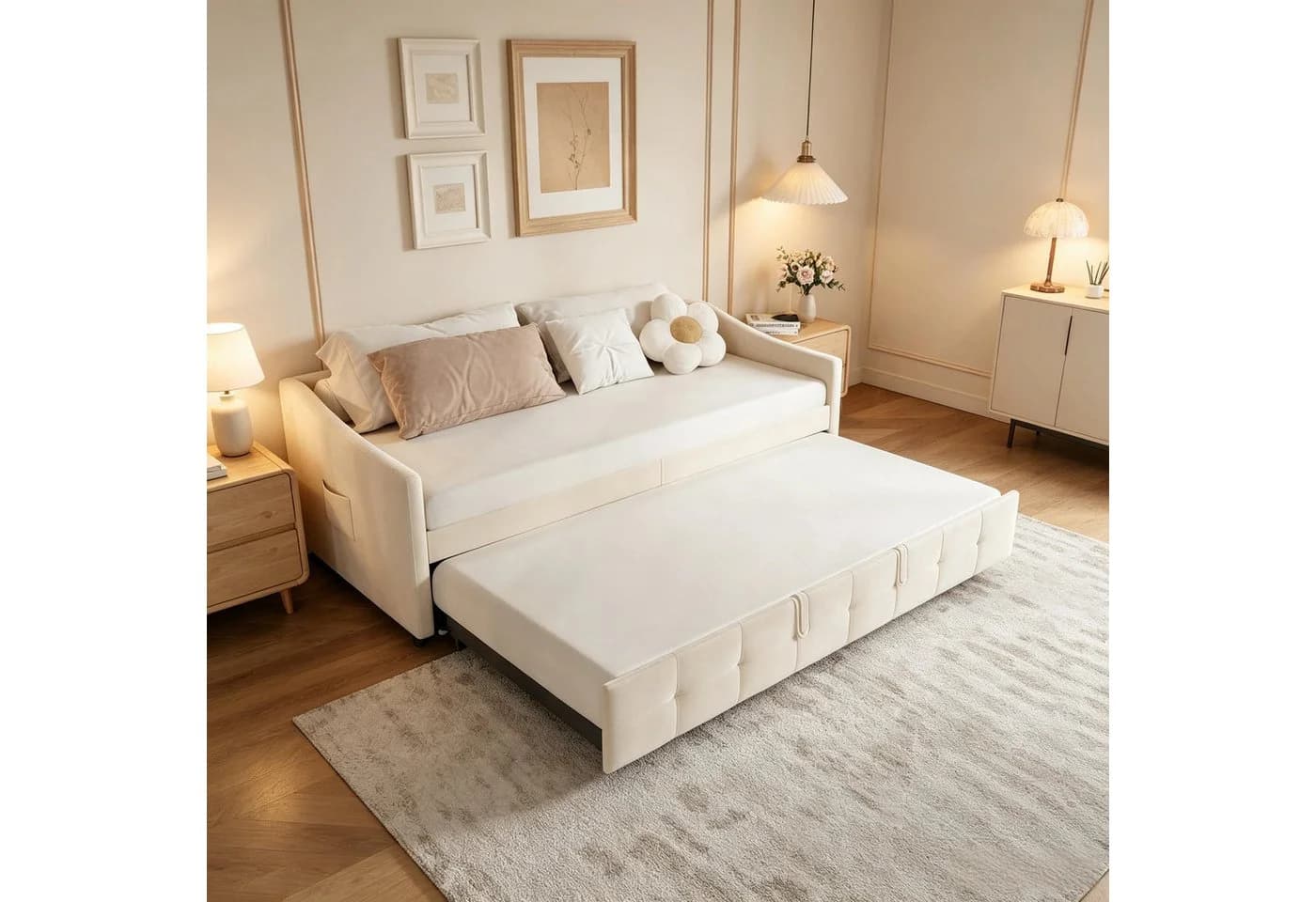 Simurq Ausziehbett 90x200 cm mit Lattenrost und Samtbezug Beige - Bild 2