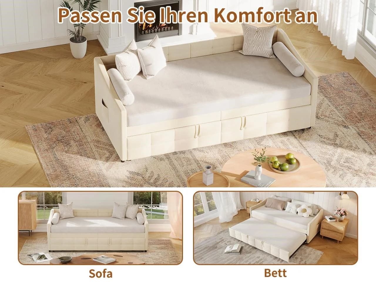 Simurq Ausziehbett 90x200 cm mit Lattenrost und Samtbezug Beige - Bild 4