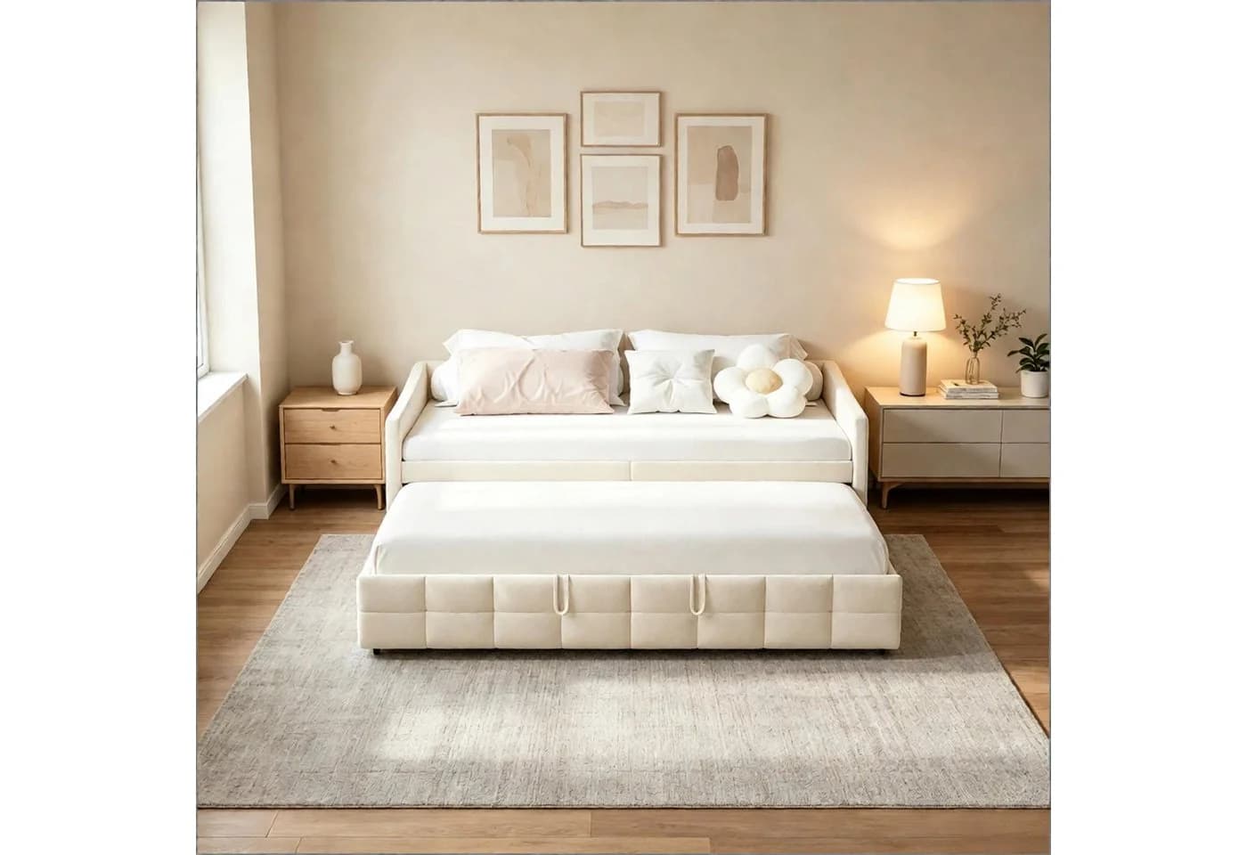Simurq Ausziehbett 90x200 cm mit Lattenrost und Samtbezug Beige - Bild 5