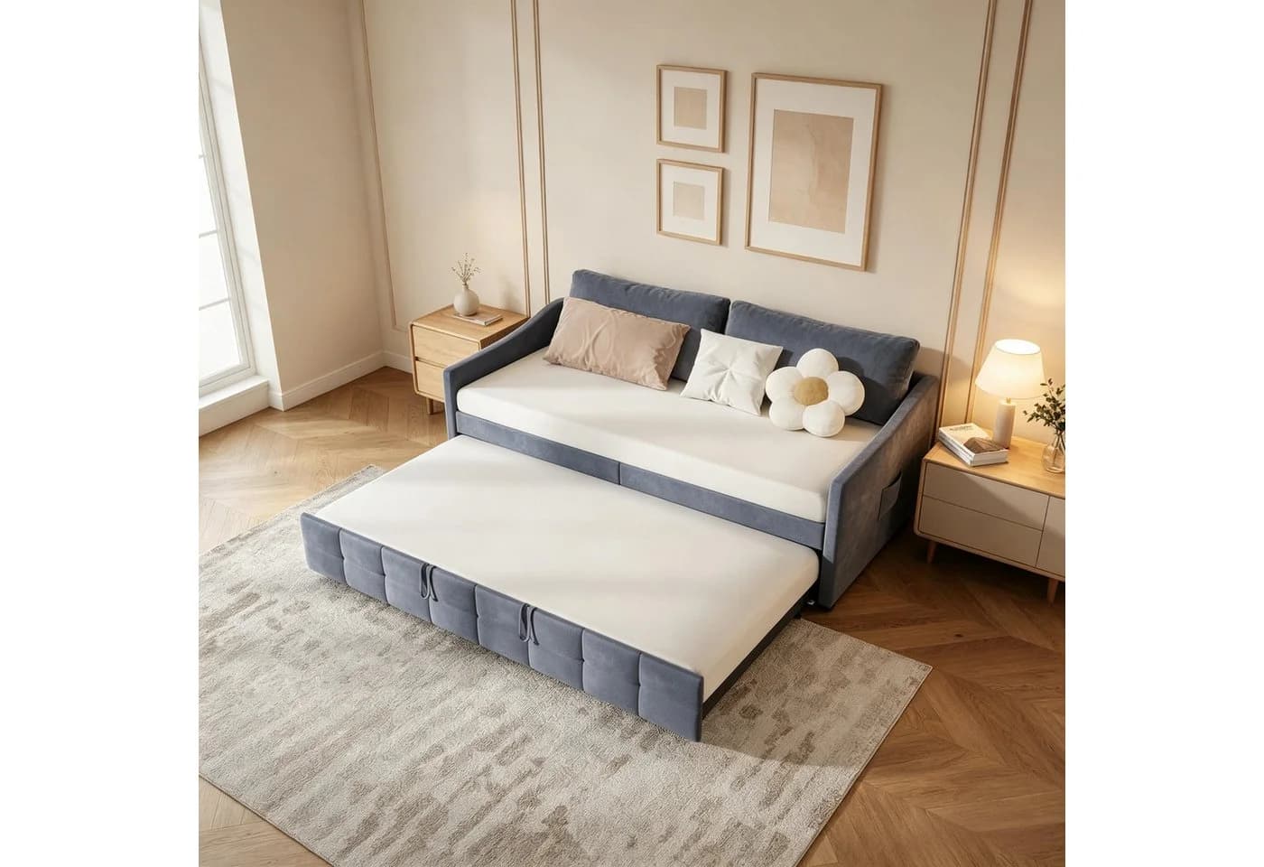 Simurq Ausziehbett 90x200 cm mit Lattenrost und Samtbezug Grau - Bild 2