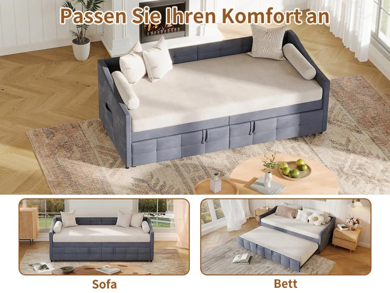 Simurq Ausziehbett 90x200 cm mit Lattenrost und Samtbezug Grau - Bild 4
