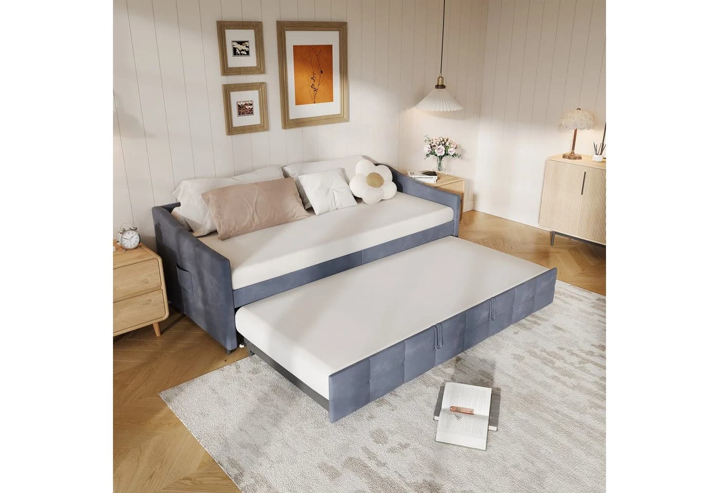 Simurq Ausziehbett 90x200 cm mit Lattenrost und Samtbezug Grau - Bild 5