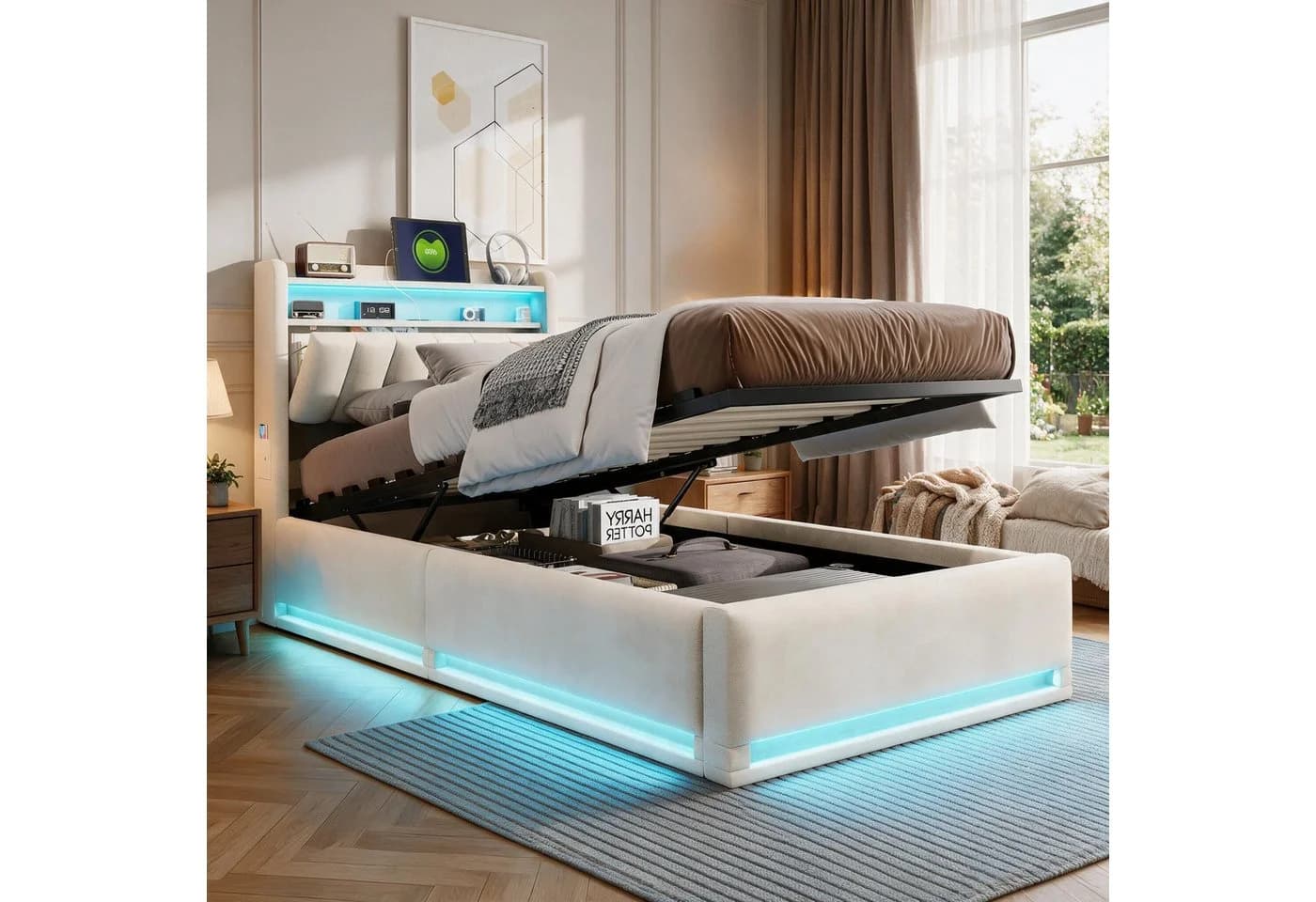 Simurq Stauraumbett Einzel Beige Samt LED USB - Bild 2
