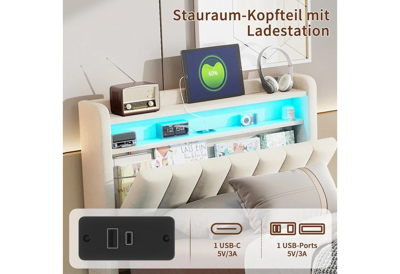 Simurq Stauraumbett Einzel Beige Samt LED USB - Bild 3