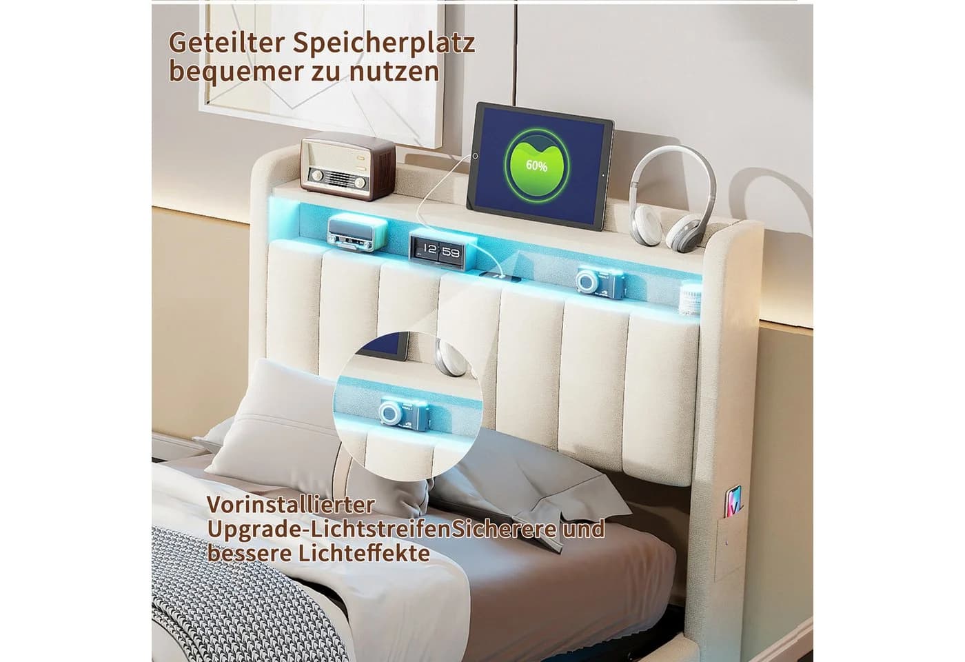 Simurq Stauraumbett Einzel Beige Samt LED USB - Bild 4