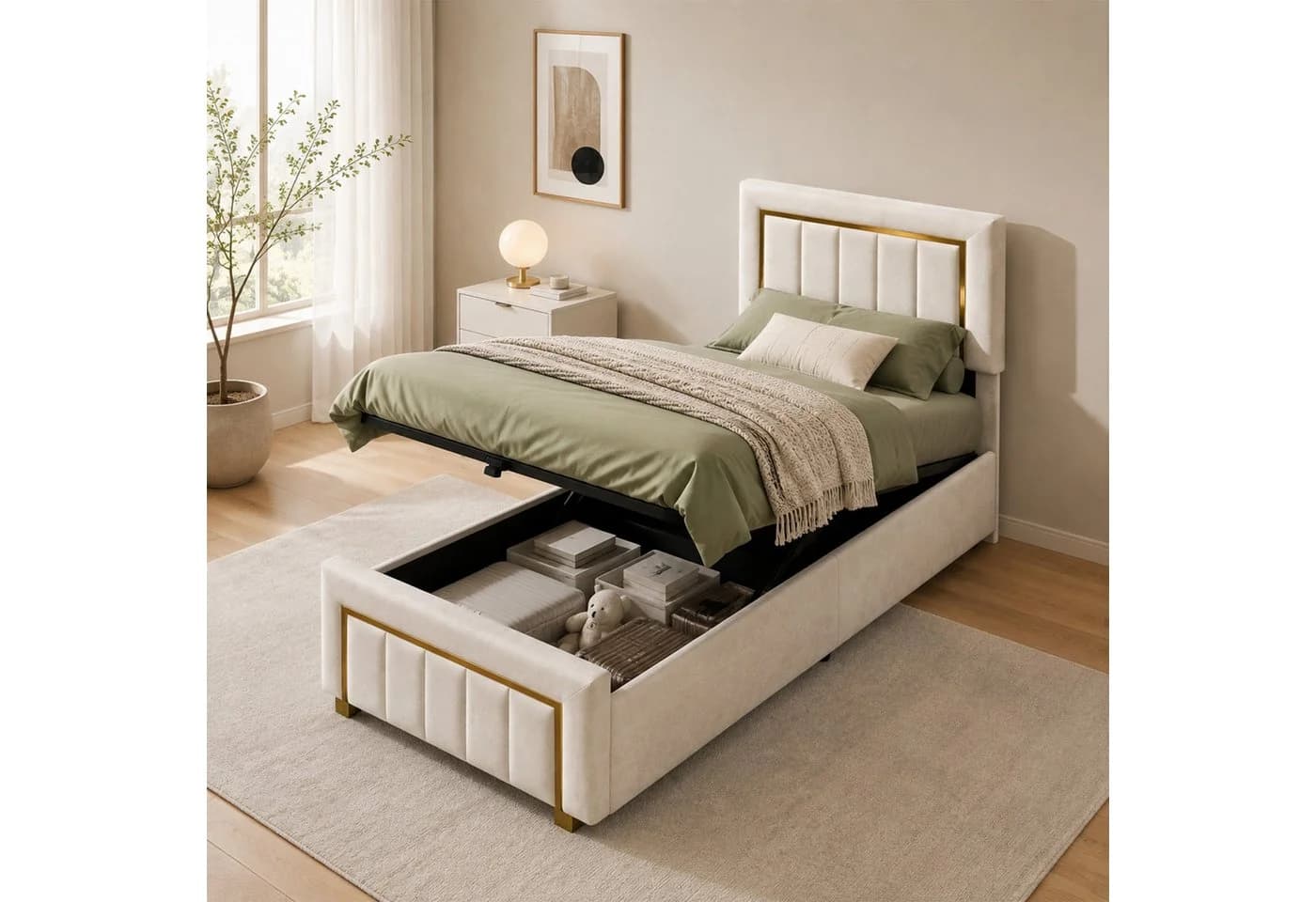 Simurq Stauraumbett Polsterbett 90x200 Beige Samtoptik mit Bettkasten - Bild 2