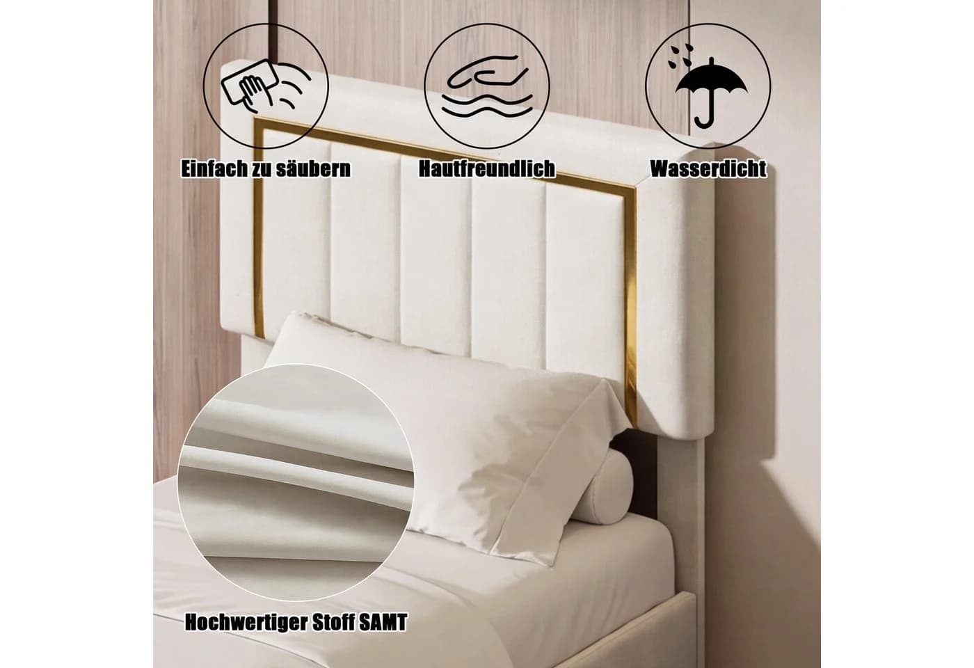Simurq Stauraumbett Polsterbett 90x200 Beige Samtoptik mit Bettkasten - Bild 3