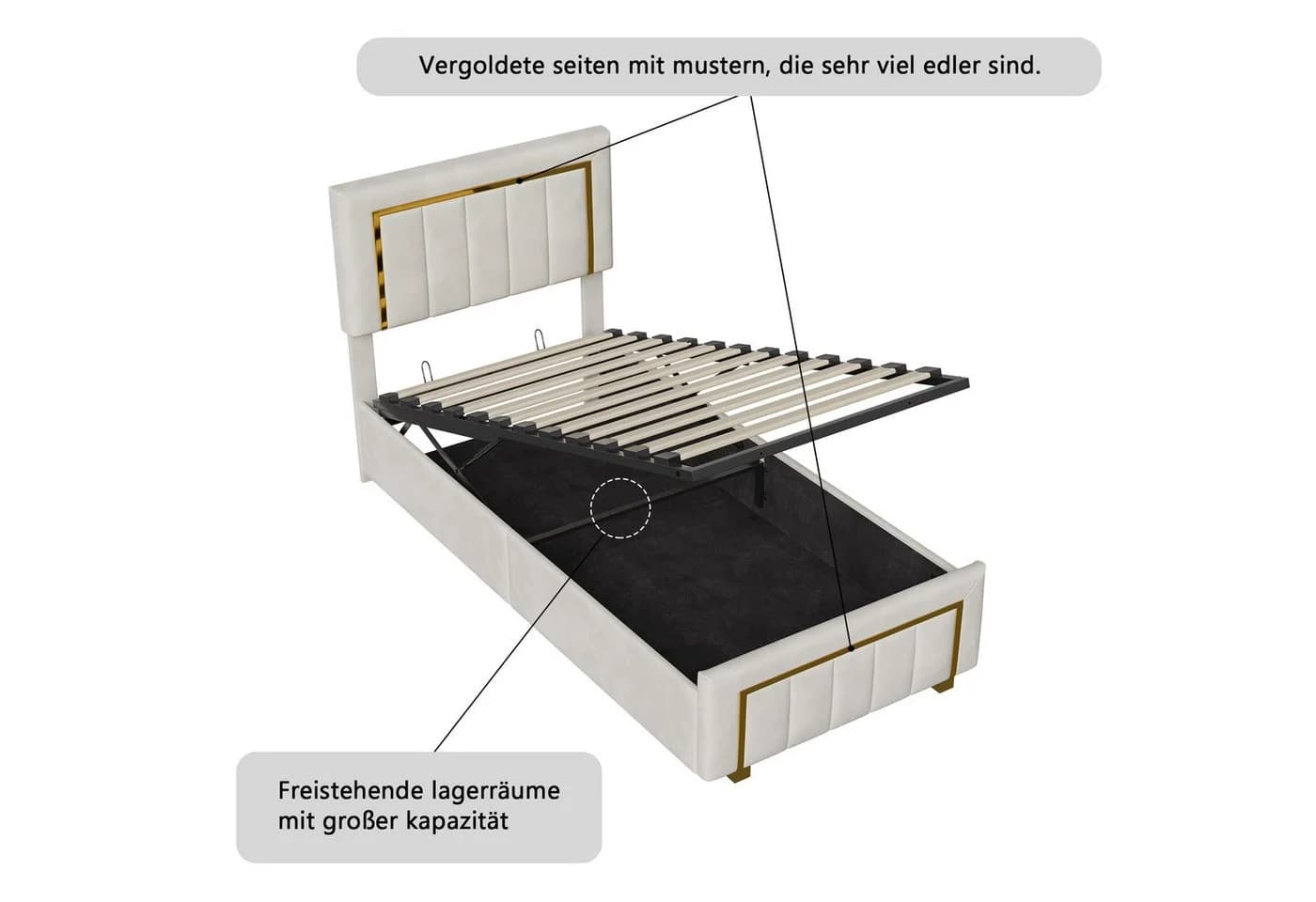 Simurq Stauraumbett Polsterbett 90x200 Beige Samtoptik mit Bettkasten - Bild 4
