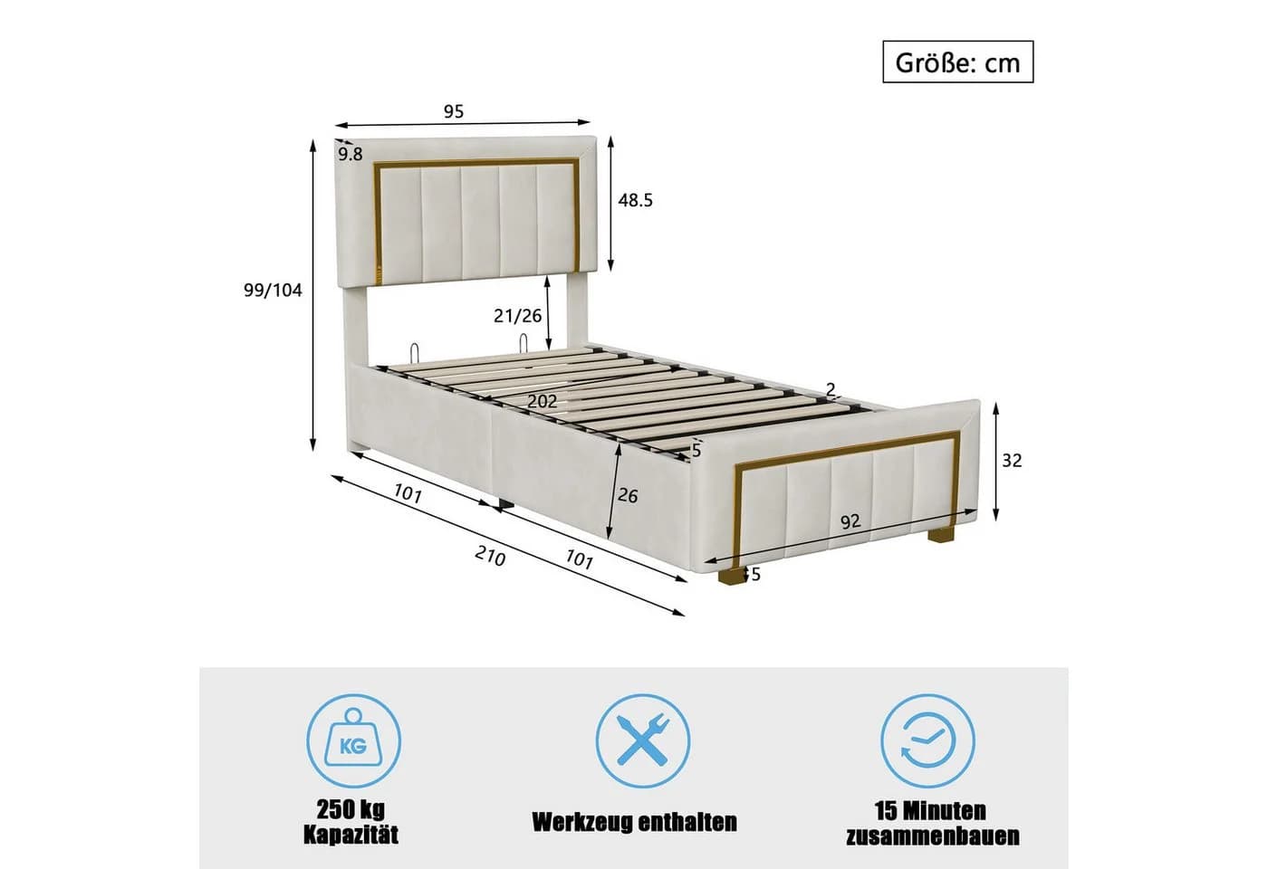 Simurq Stauraumbett Polsterbett 90x200 Beige Samtoptik mit Bettkasten - Bild 5