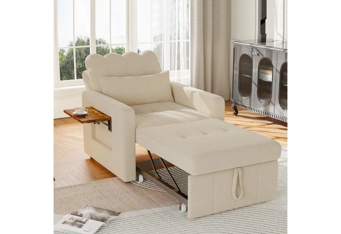 Simurq Relaxsessel Klappbar Chenille Beige mit Tischchen & Rollen - Bild 2