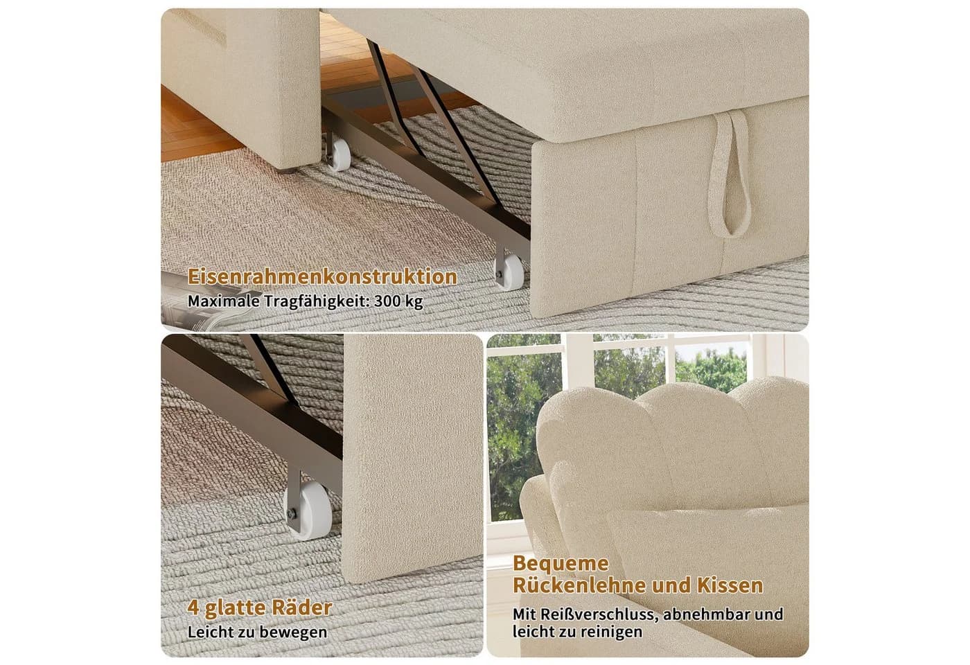Simurq Relaxsessel Klappbar Chenille Beige mit Tischchen & Rollen - Bild 4
