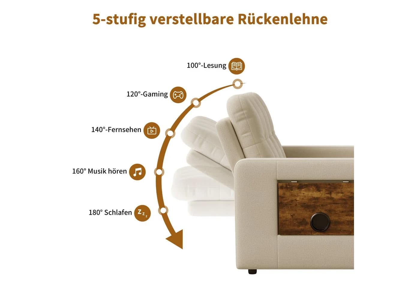Simurq Relaxsessel Klappbar Chenille Beige mit Tischchen & Rollen - Bild 5