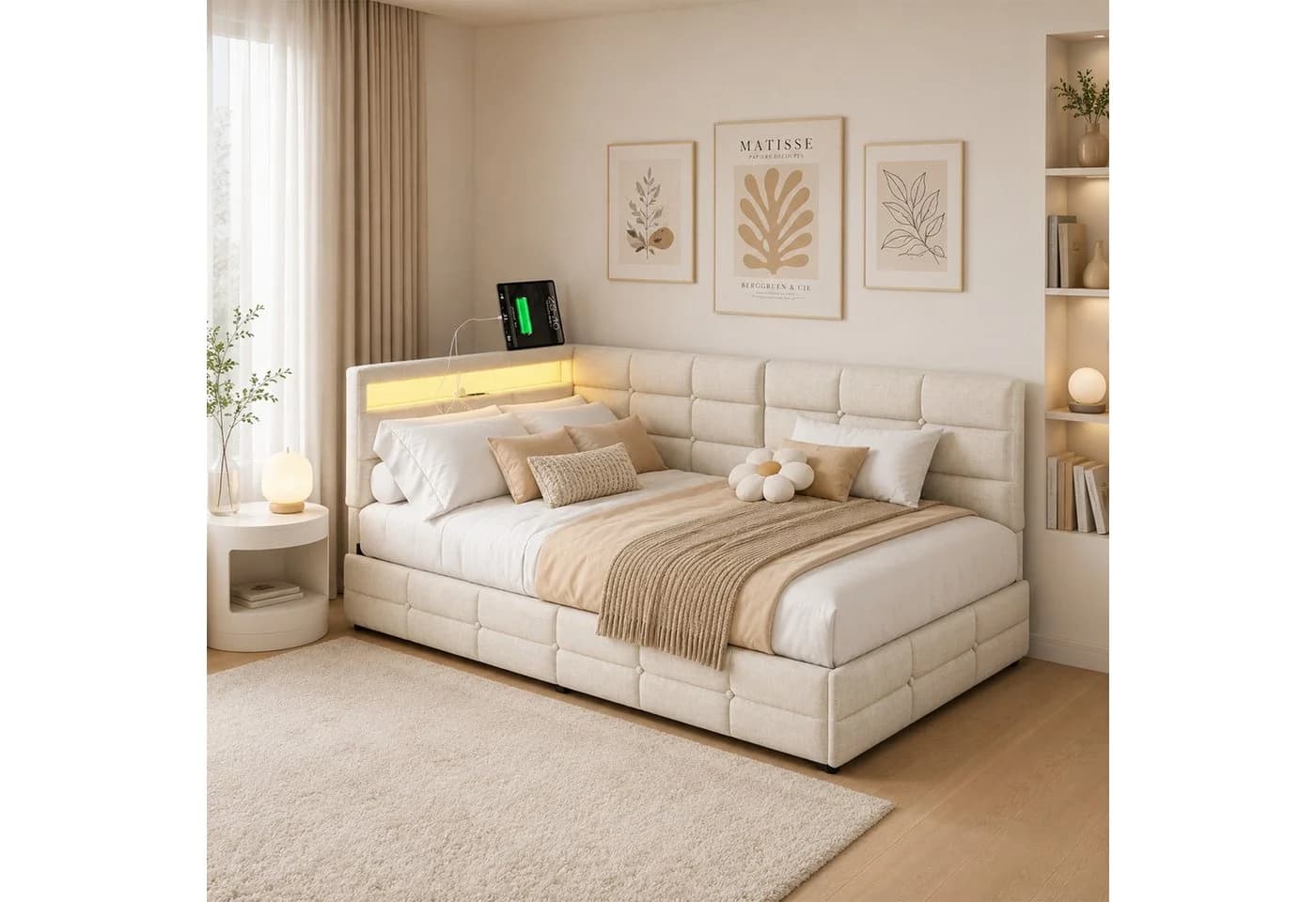 Simurq Polsterbett 90x200 mit L-Kopfteil, LED, USB & Schublade - Bild 2