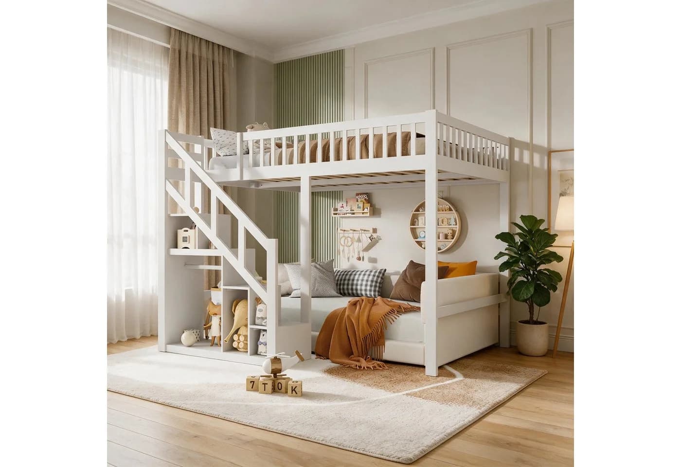Simurq Hochbett Kinder-Loftbett 90x200 cm mit Stauraumtreppe und Stern-Muster