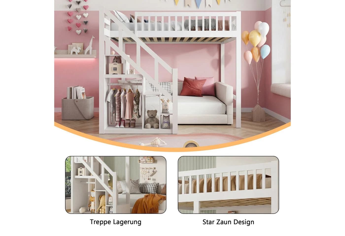 Simurq Hochbett Kinder-Loftbett 90x200 cm mit Stauraumtreppe und Stern-Muster - Bild 3