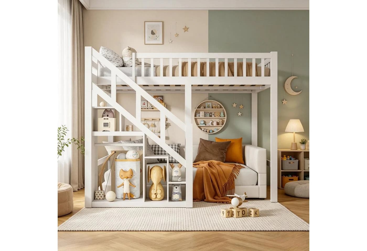 Simurq Hochbett Kinder-Loftbett 90x200 cm mit Stauraumtreppe und Stern-Muster - Bild 5