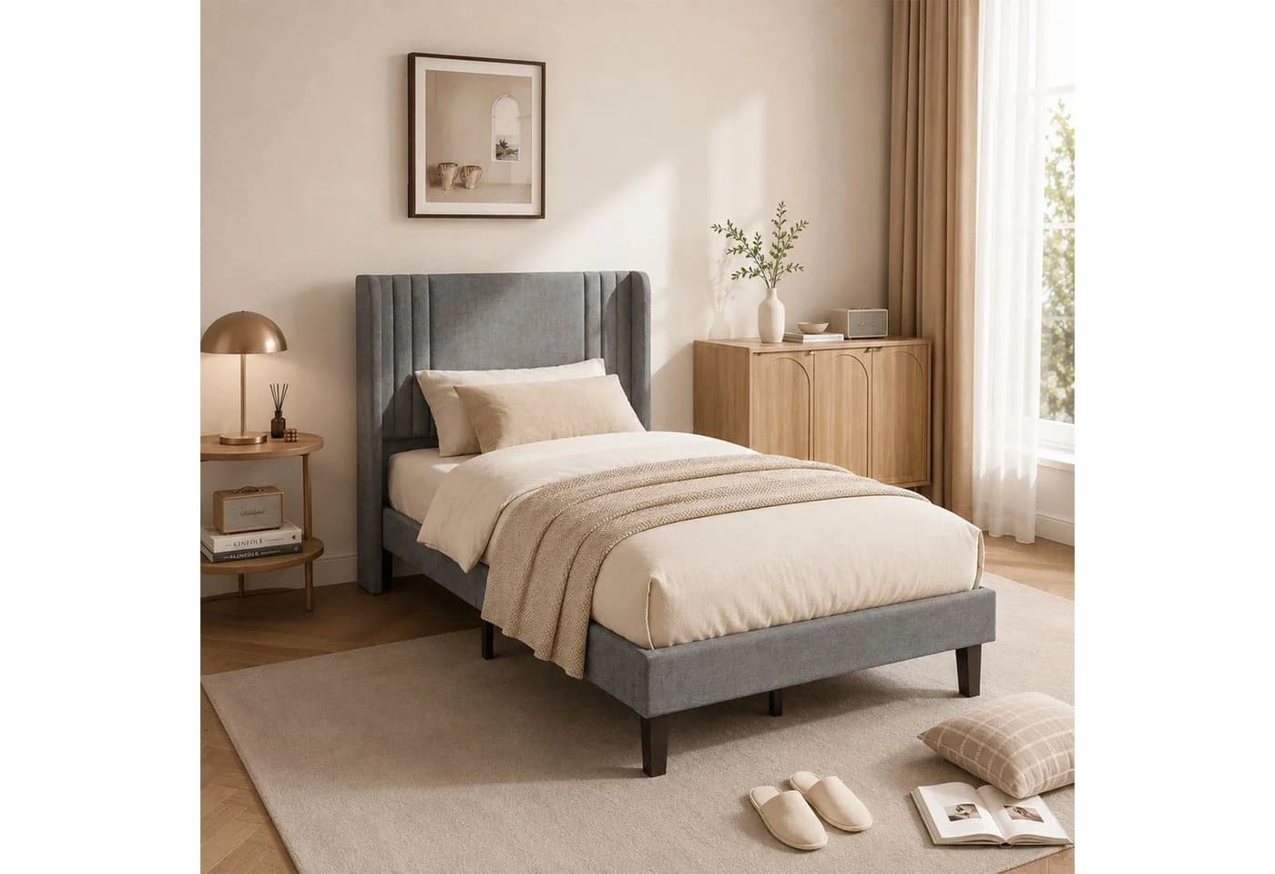 Simurq Polsterbett 90x200 mit Leinenbezug und Lattenrost