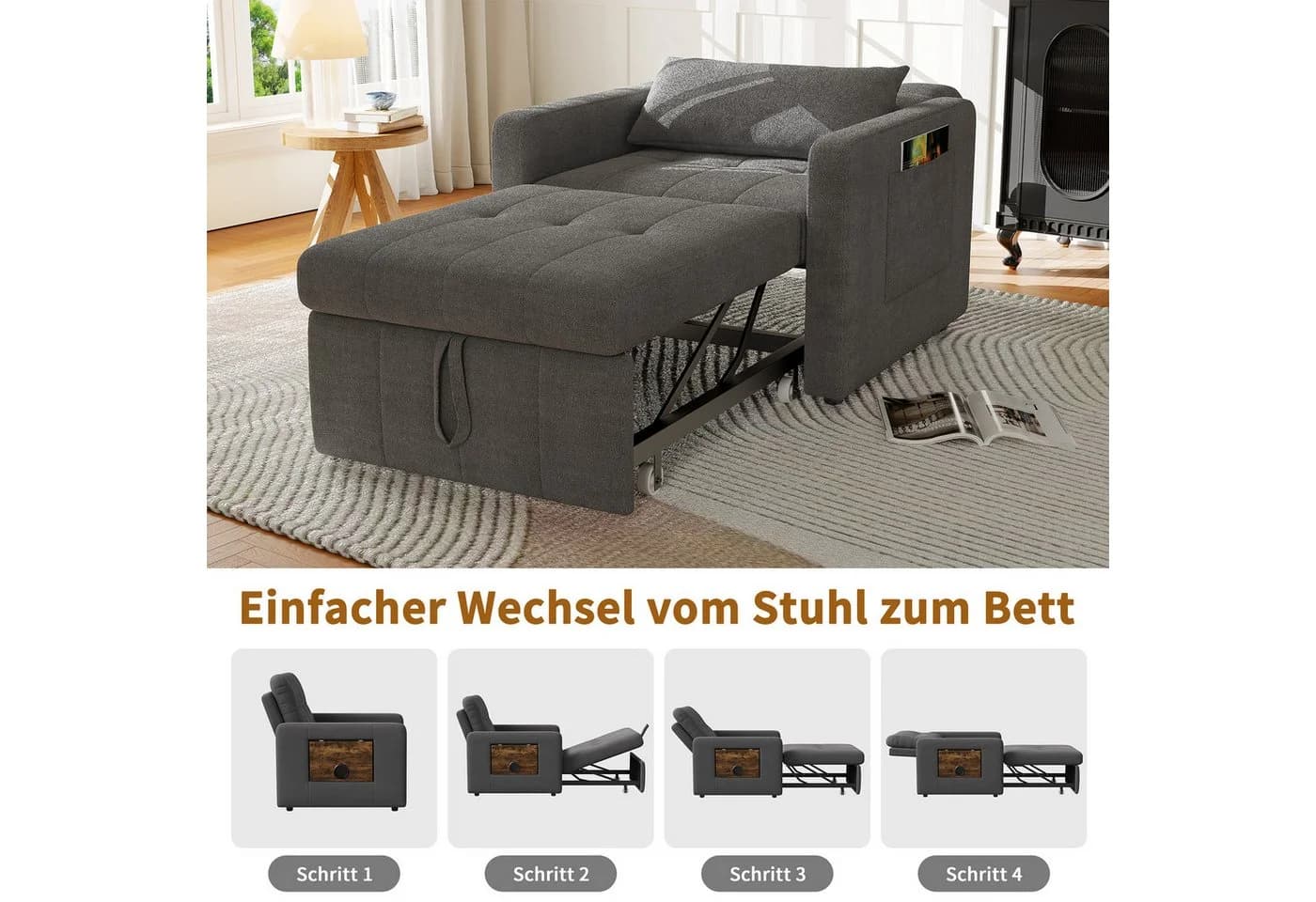Simurq Schlafsofa Grau Chenille Schlafsessel mit Beistelltisch - Bild 3