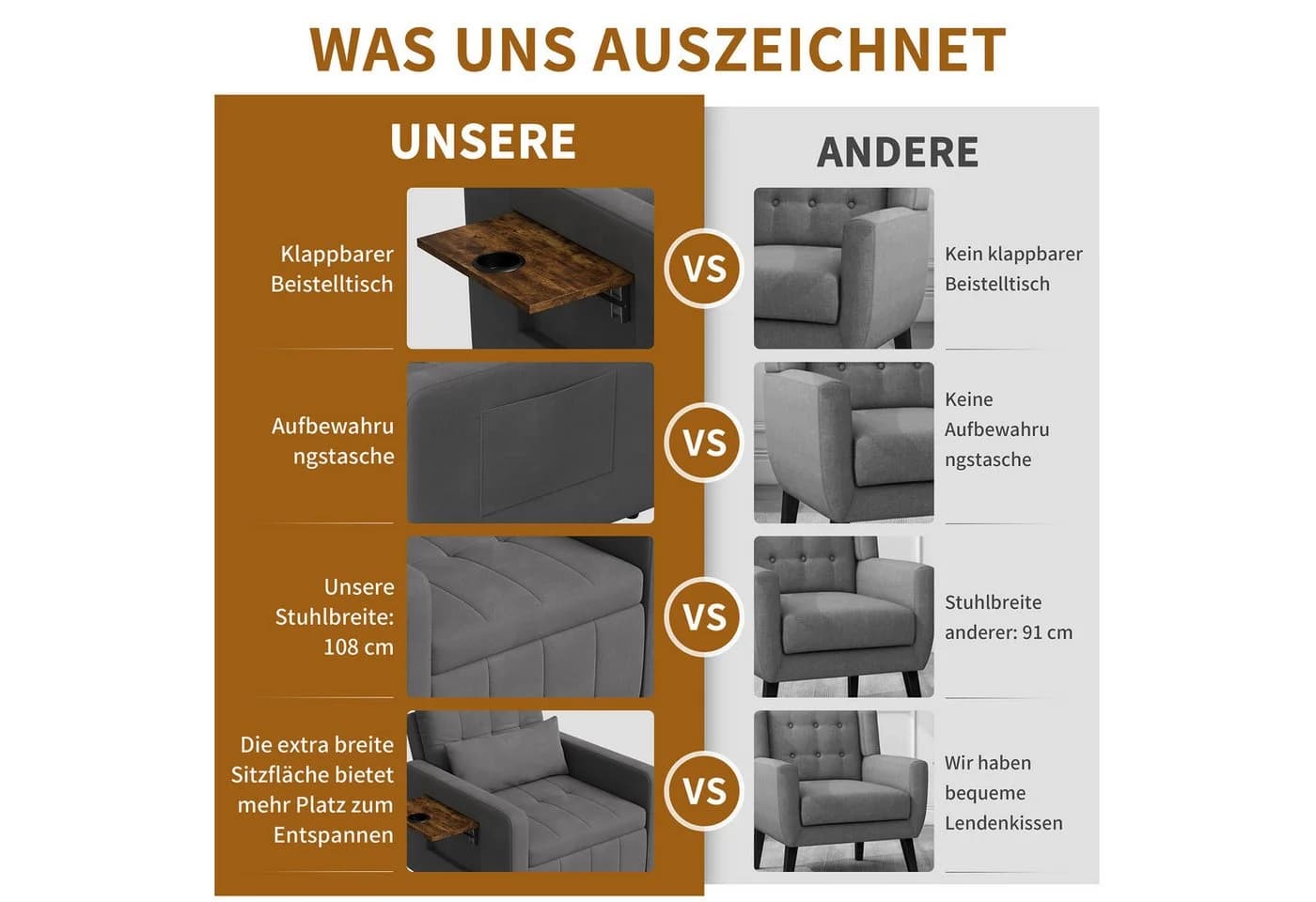 Simurq Schlafsofa Grau Chenille Schlafsessel mit Beistelltisch - Bild 5