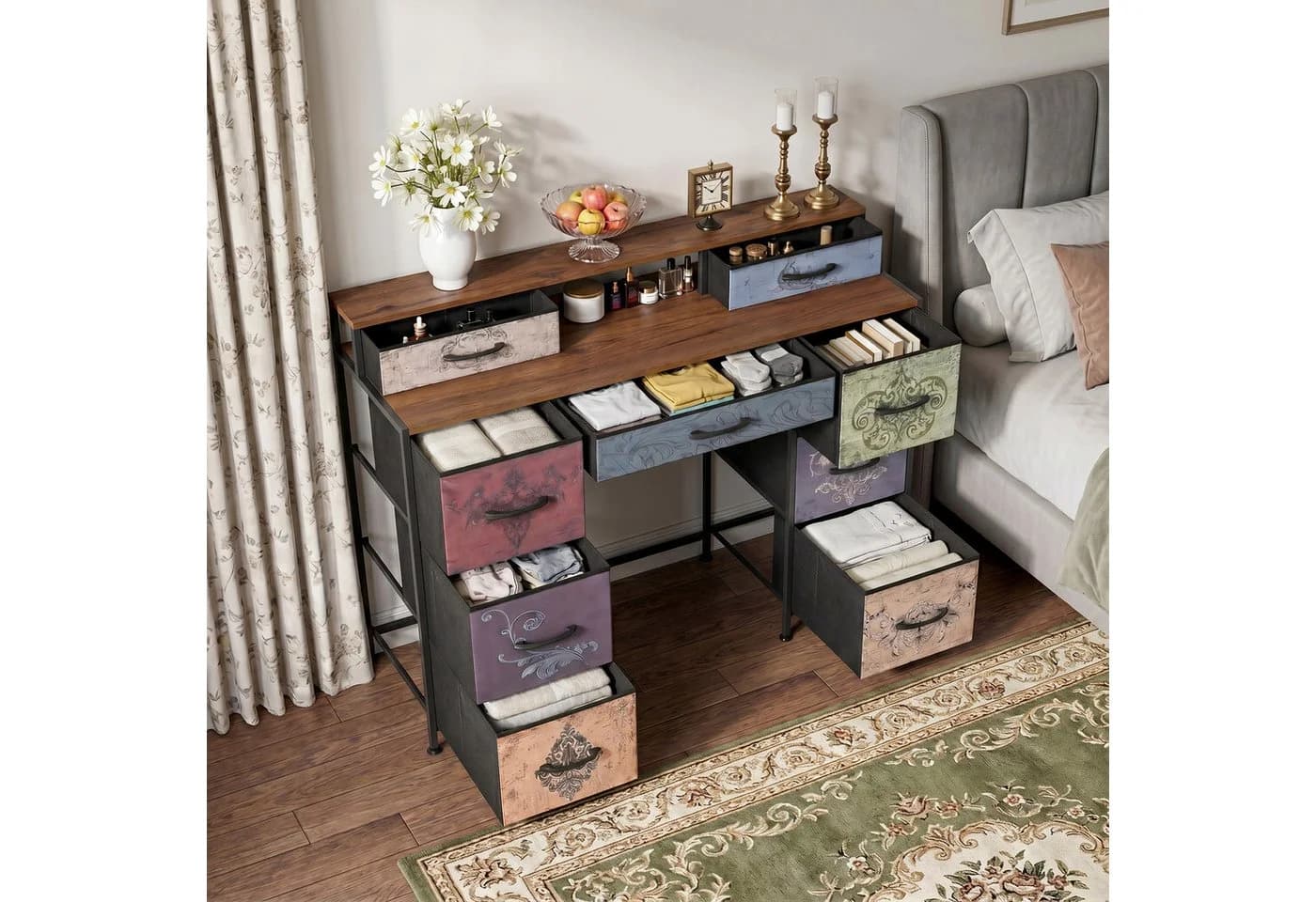 Simurq Vintage-Schminktisch mit 9 Schubladen, Holzplatte, Metallgestell