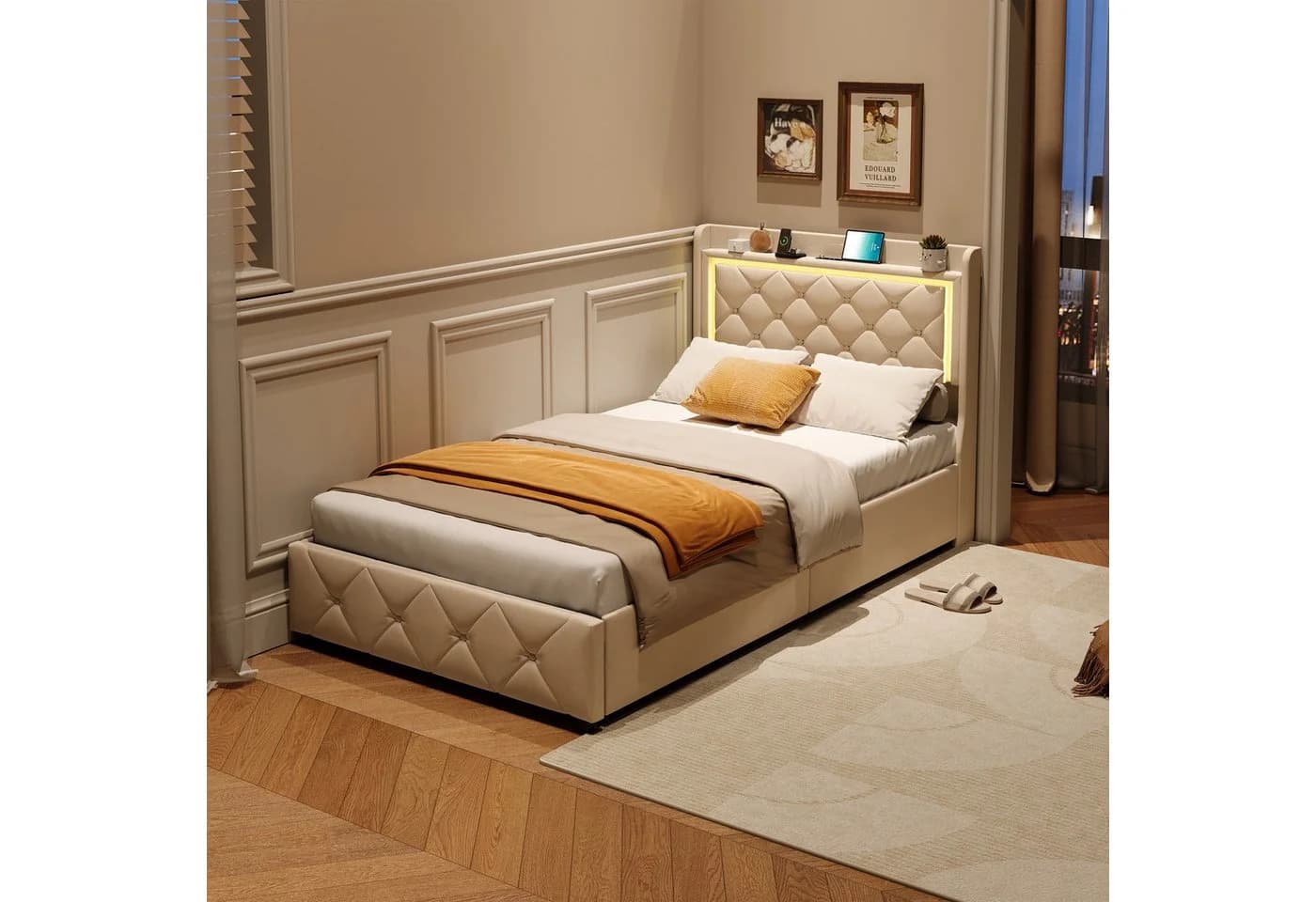 Simurq Polsterbett Beige mit LED, USB & 2 Schubladen