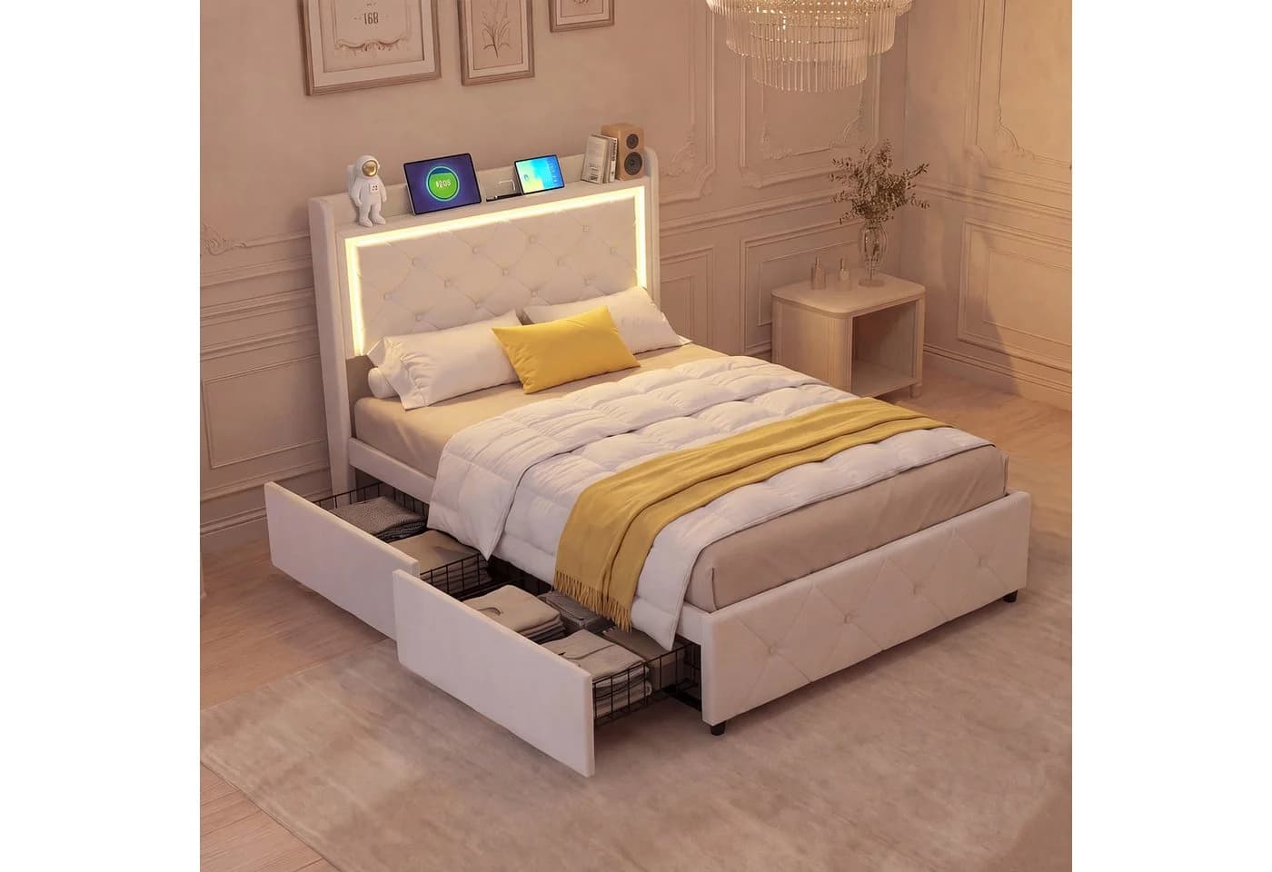 Simurq Polsterbett Beige mit LED, USB & 2 Schubladen - Bild 2