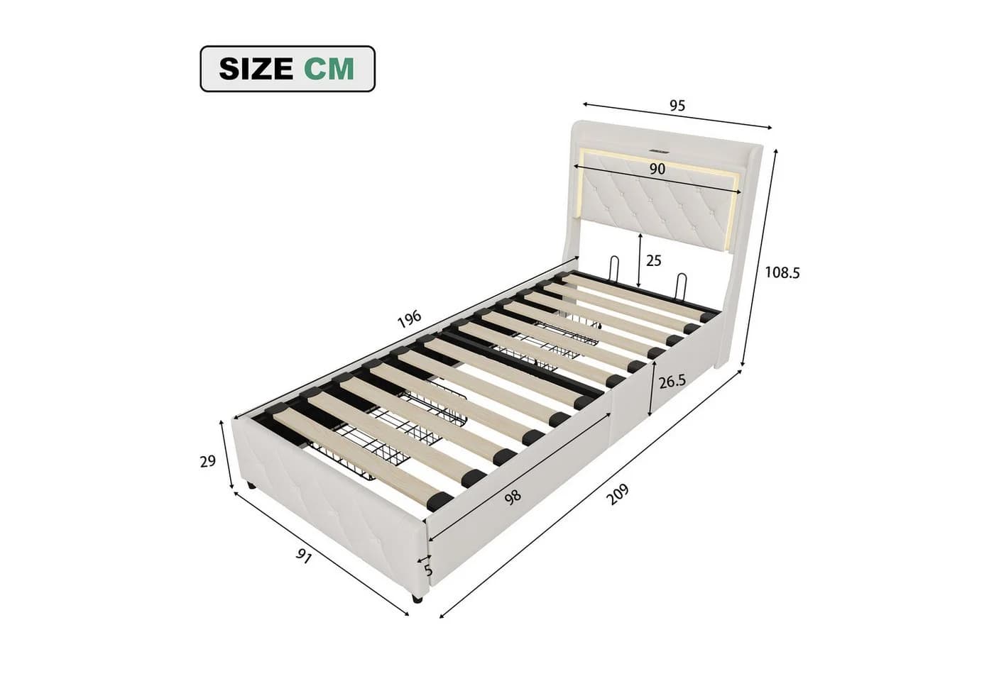 Simurq Polsterbett Beige mit LED, USB & 2 Schubladen - Bild 5