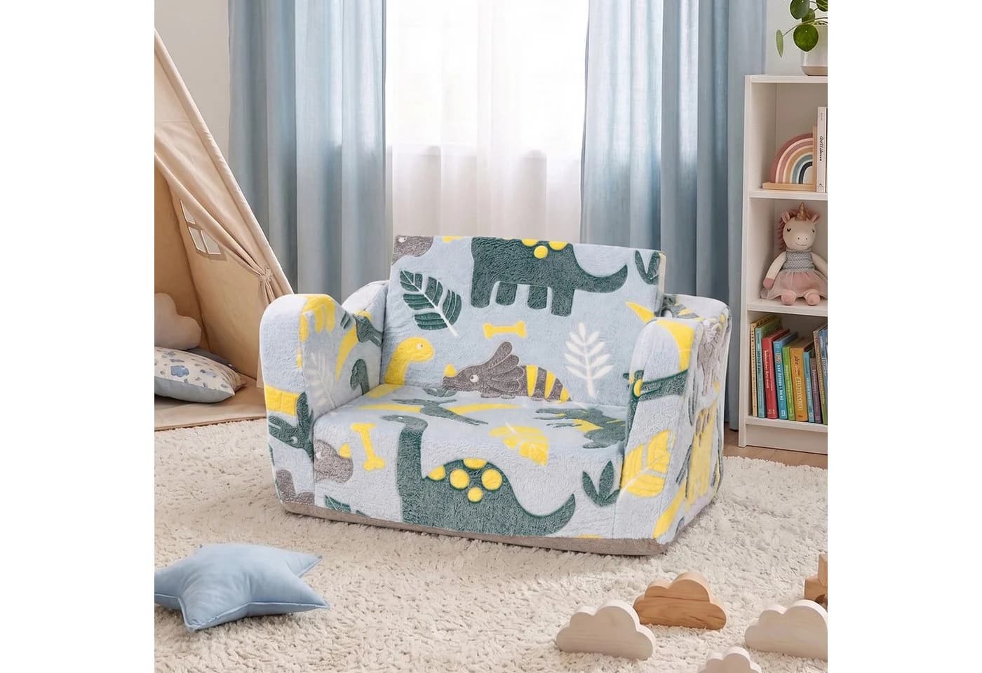 Jiexi Klappbares Kindersofa mit Dino-Leuchteffekt und Lammvlies-Bezug - Bild 2