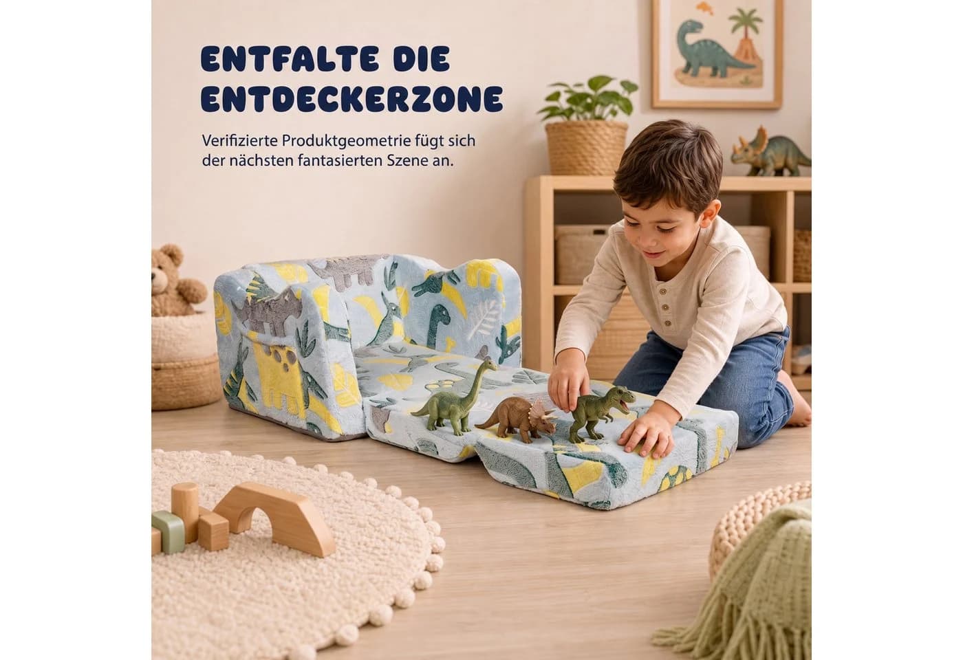 Jiexi Klappbares Kindersofa mit Dino-Leuchteffekt und Lammvlies-Bezug - Bild 3