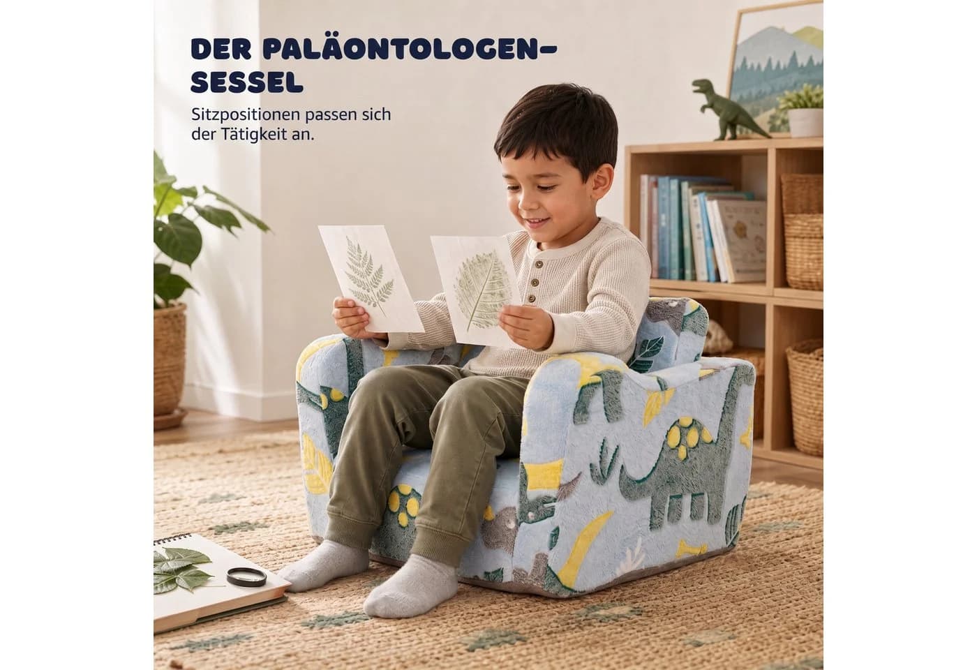 Jiexi Klappbares Kindersofa mit Dino-Leuchteffekt und Lammvlies-Bezug - Bild 4