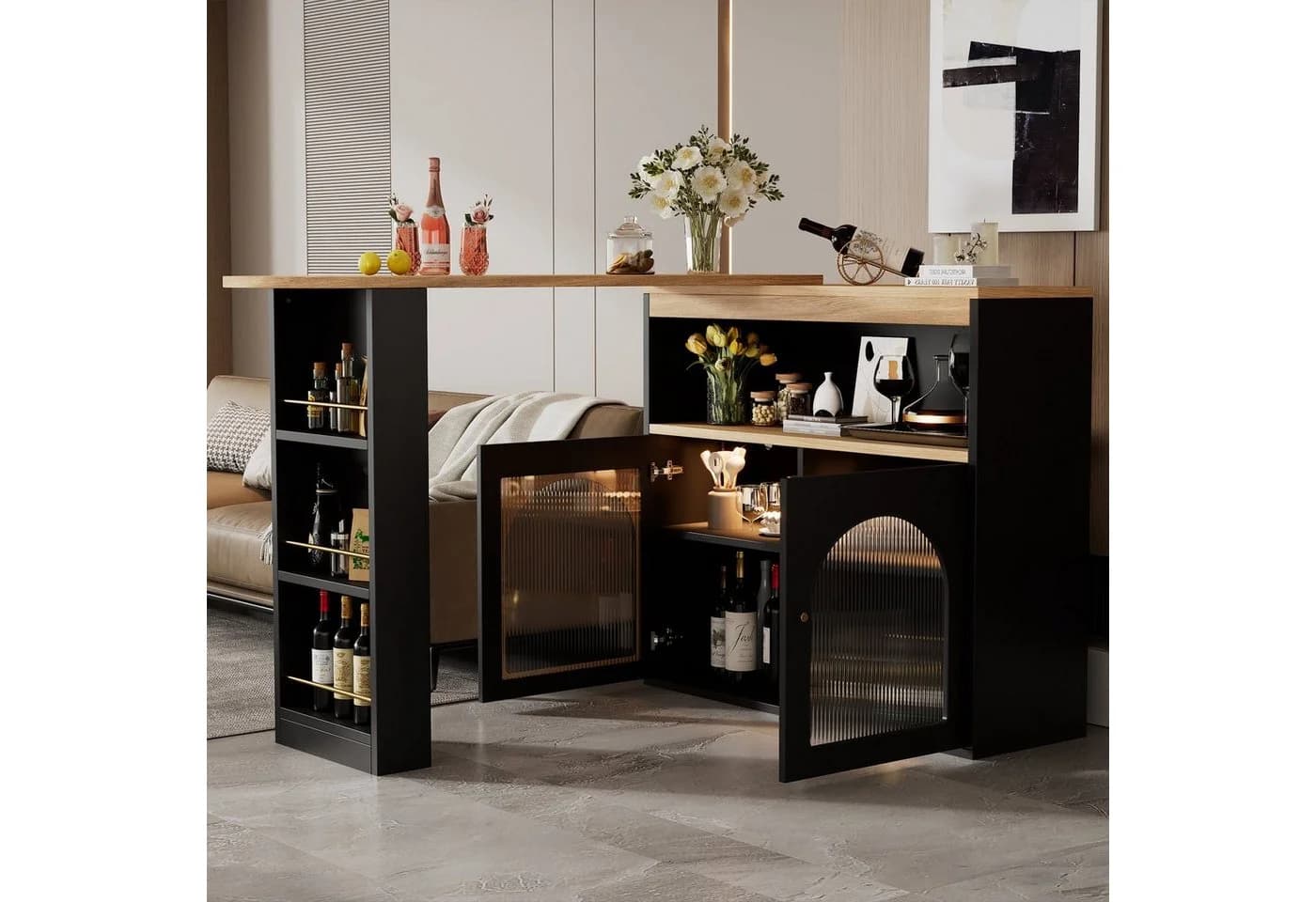Ulife Bartisch ausziehbar 360° drehbar mit LED Beleuchtung, viel Stauraum, 138-193 cm×39×105cm - Bild 4