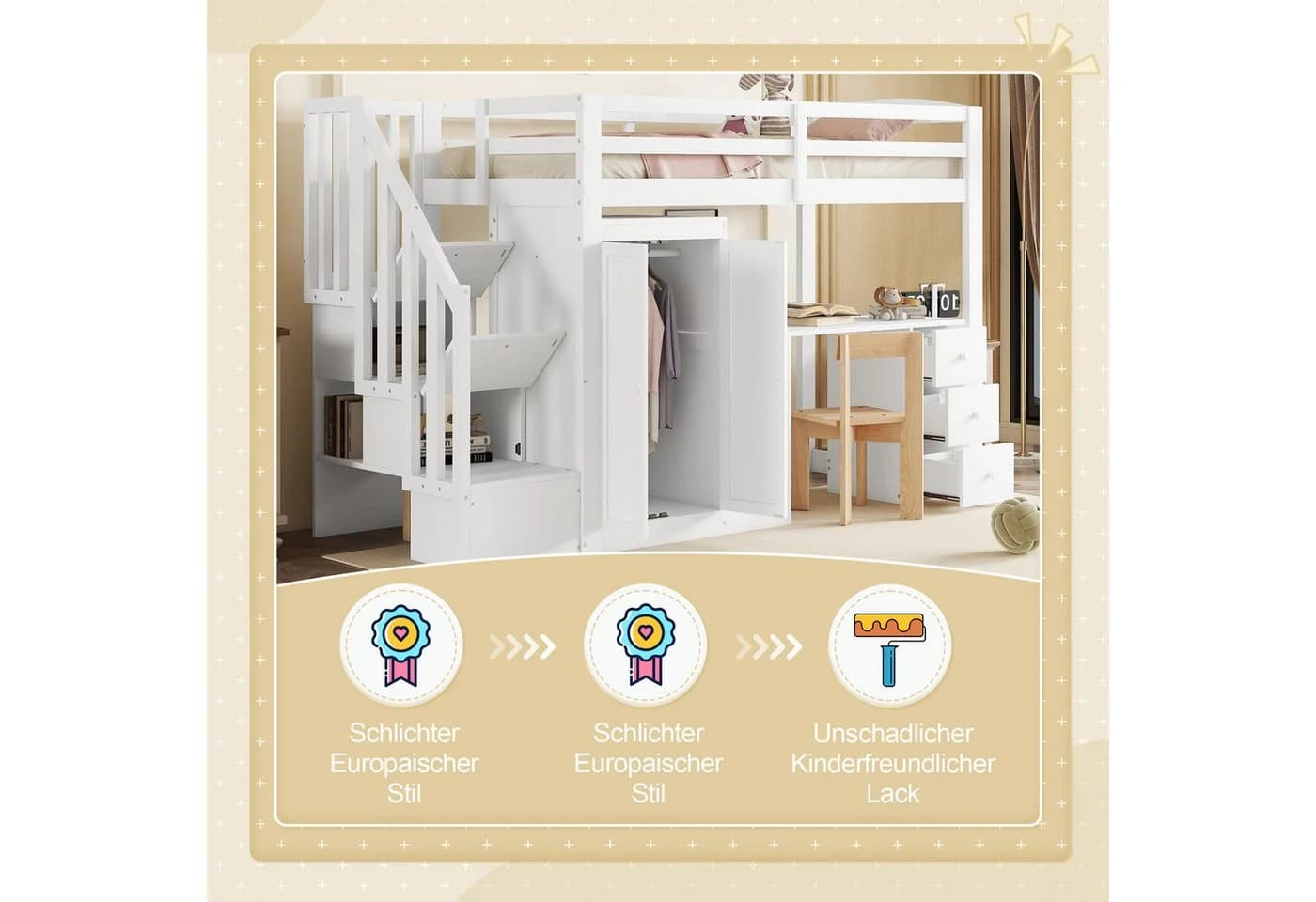 Ulife Hochbett Kinderbett 90x200cm Weiß mit Schreibtisch und Kleiderschrank - Bild 5
