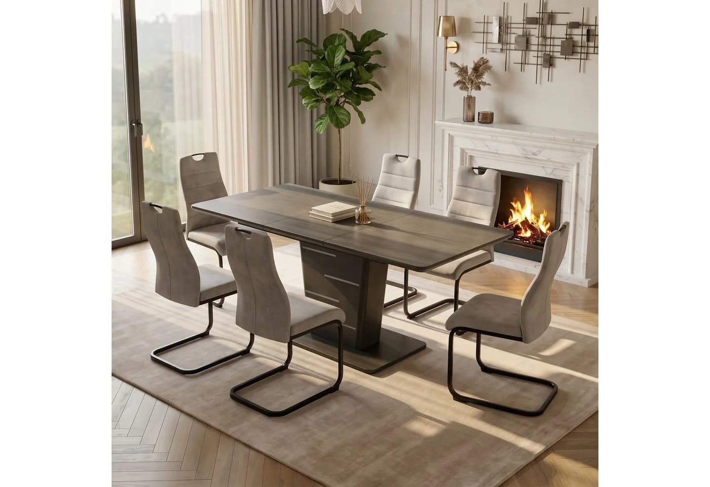 Jiexi Essgruppe Ausziehbar 120-160cm Säulentisch & Freischwinger Stühle Grau
