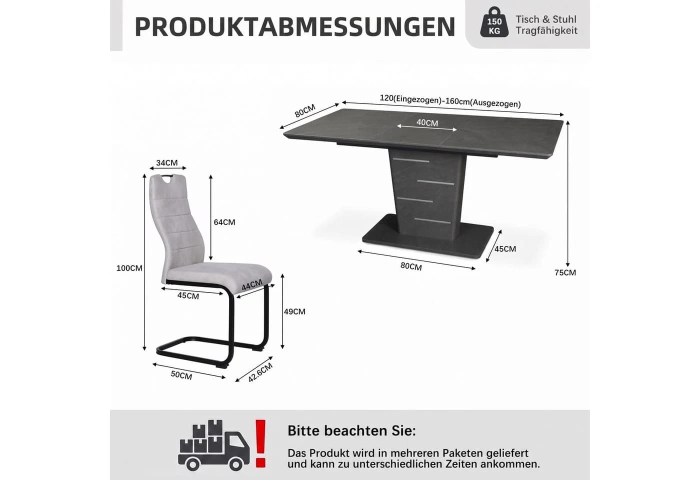 Jiexi Essgruppe Ausziehbar 120-160cm Säulentisch & Freischwinger Stühle Grau - Bild 3