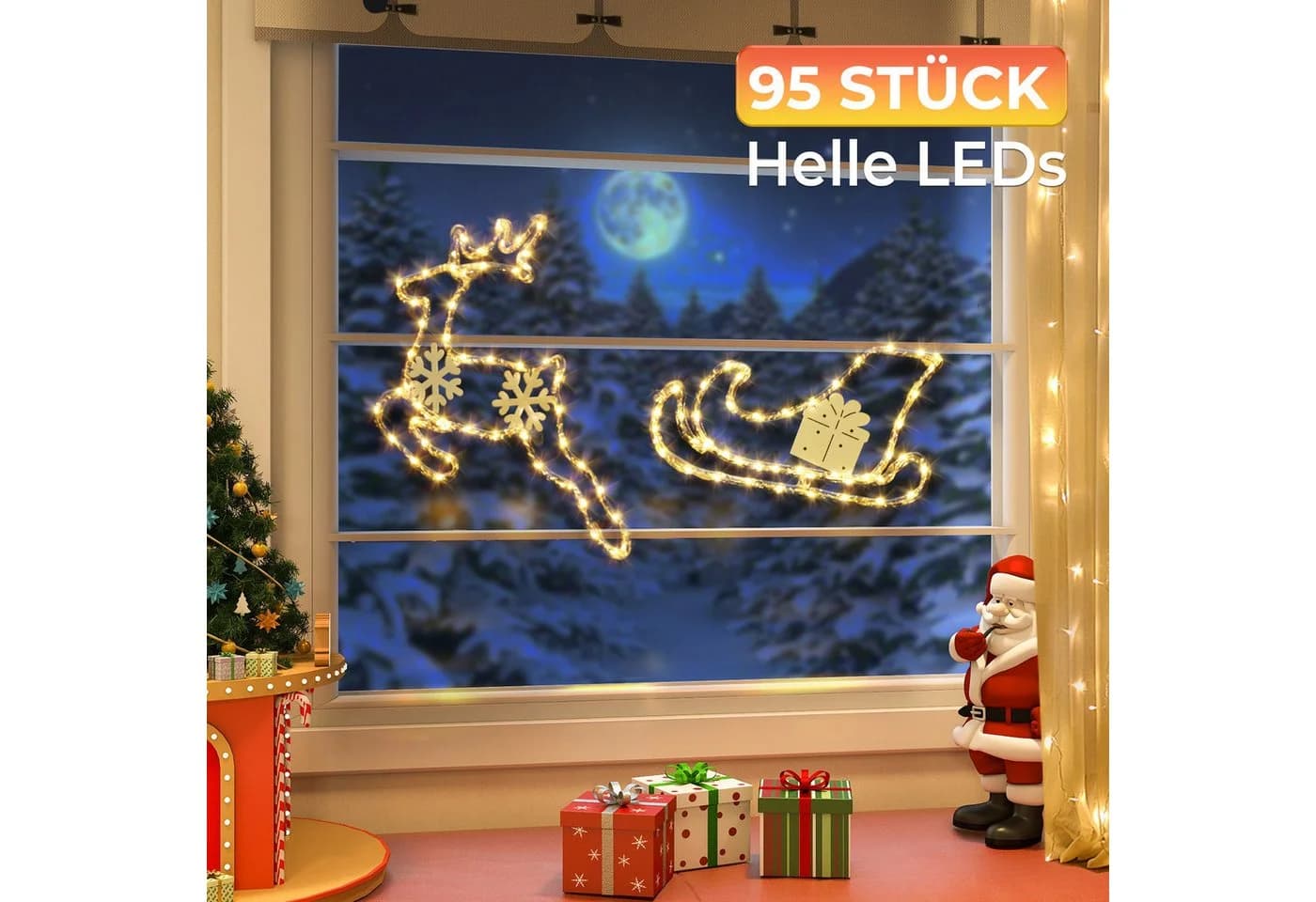 Elegear LED-Lichterkette Rentier mit Schlitten 95 LED Weiß