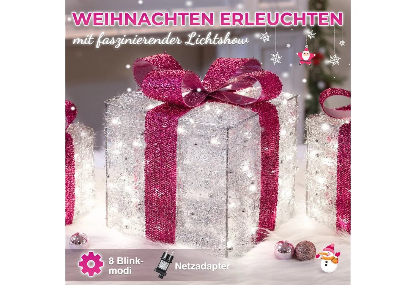 Elegear Weihnachtsfigur 3er Set LED Geschenkbox Rosa