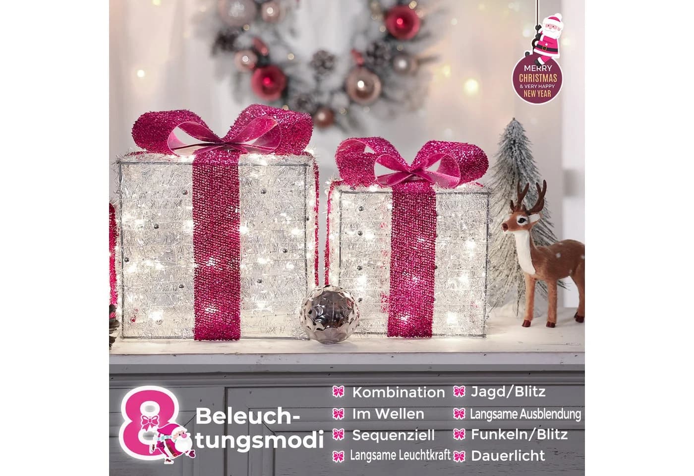Elegear Weihnachtsfigur 3er Set LED Geschenkbox Rosa - Bild 3