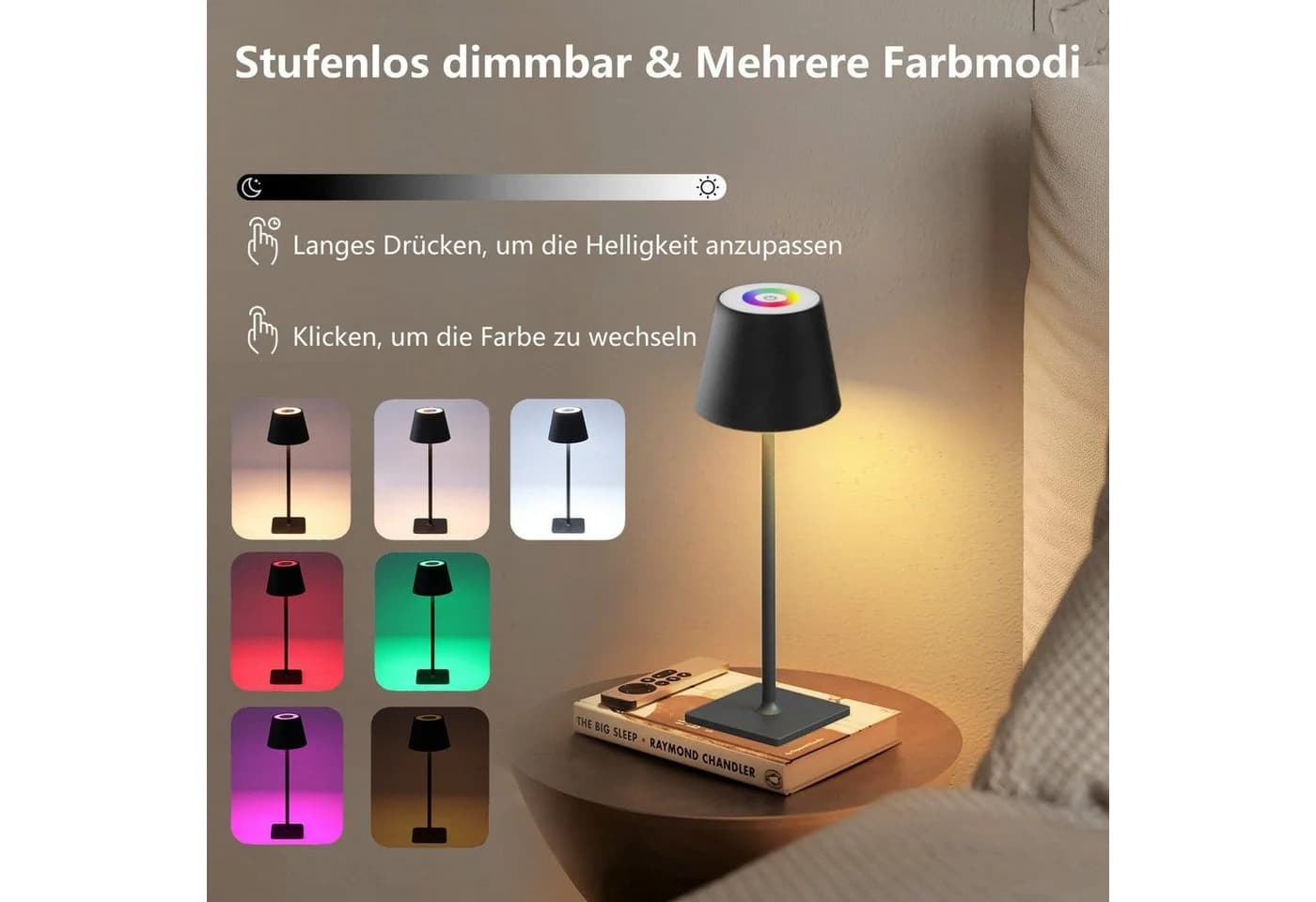 Elegear LED Tischleuchte kabellos, höhenverstellbar, dimmbar, RGB-Farben