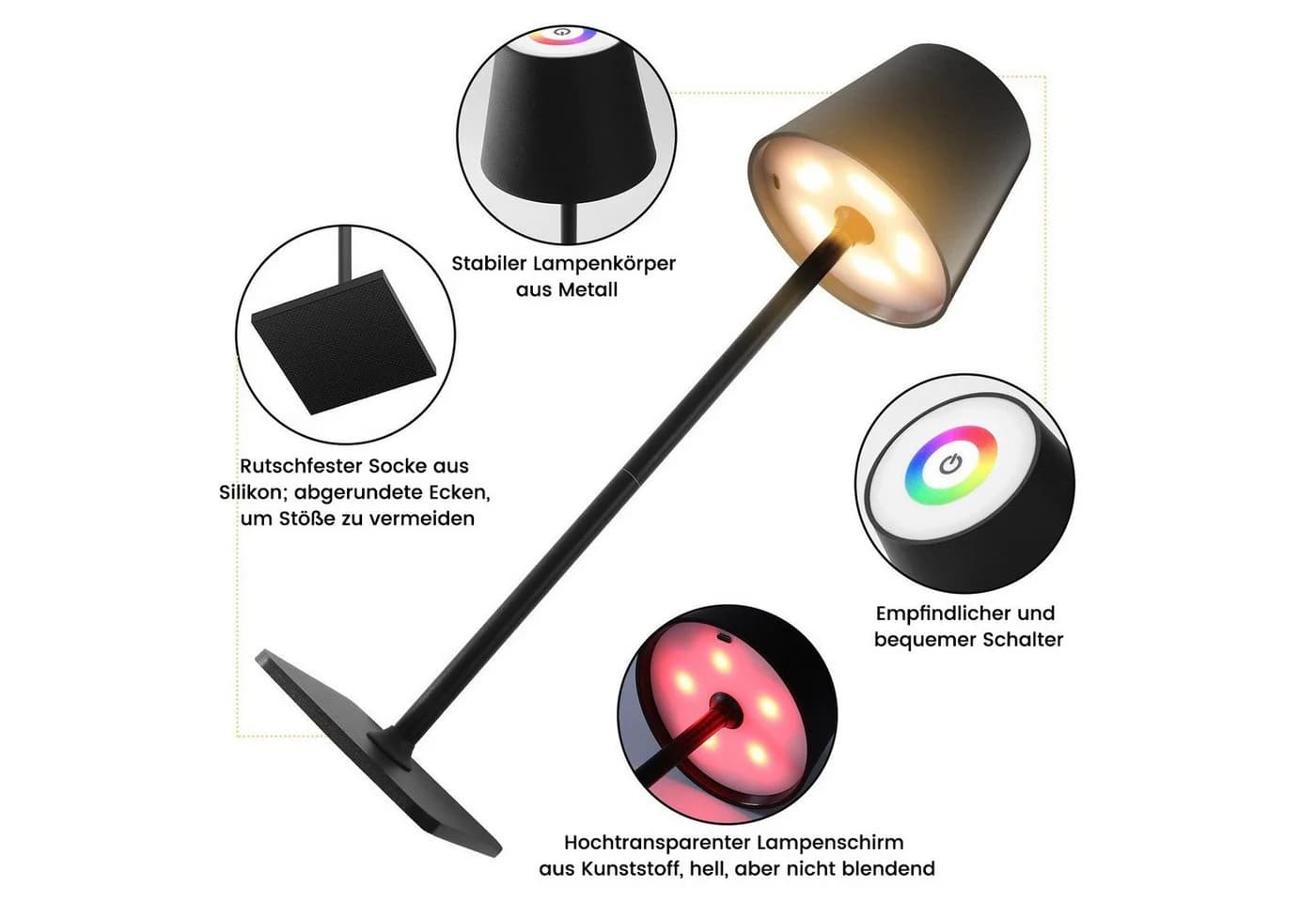 Elegear LED Tischleuchte kabellos, höhenverstellbar, dimmbar, RGB-Farben - Bild 4