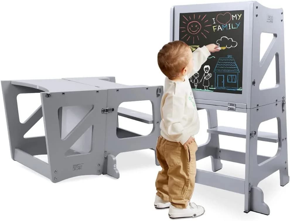 YOLEO Kinderstuhl 2 in 1 Lernturm mit Sicherheitsstange Grau - Bild 2