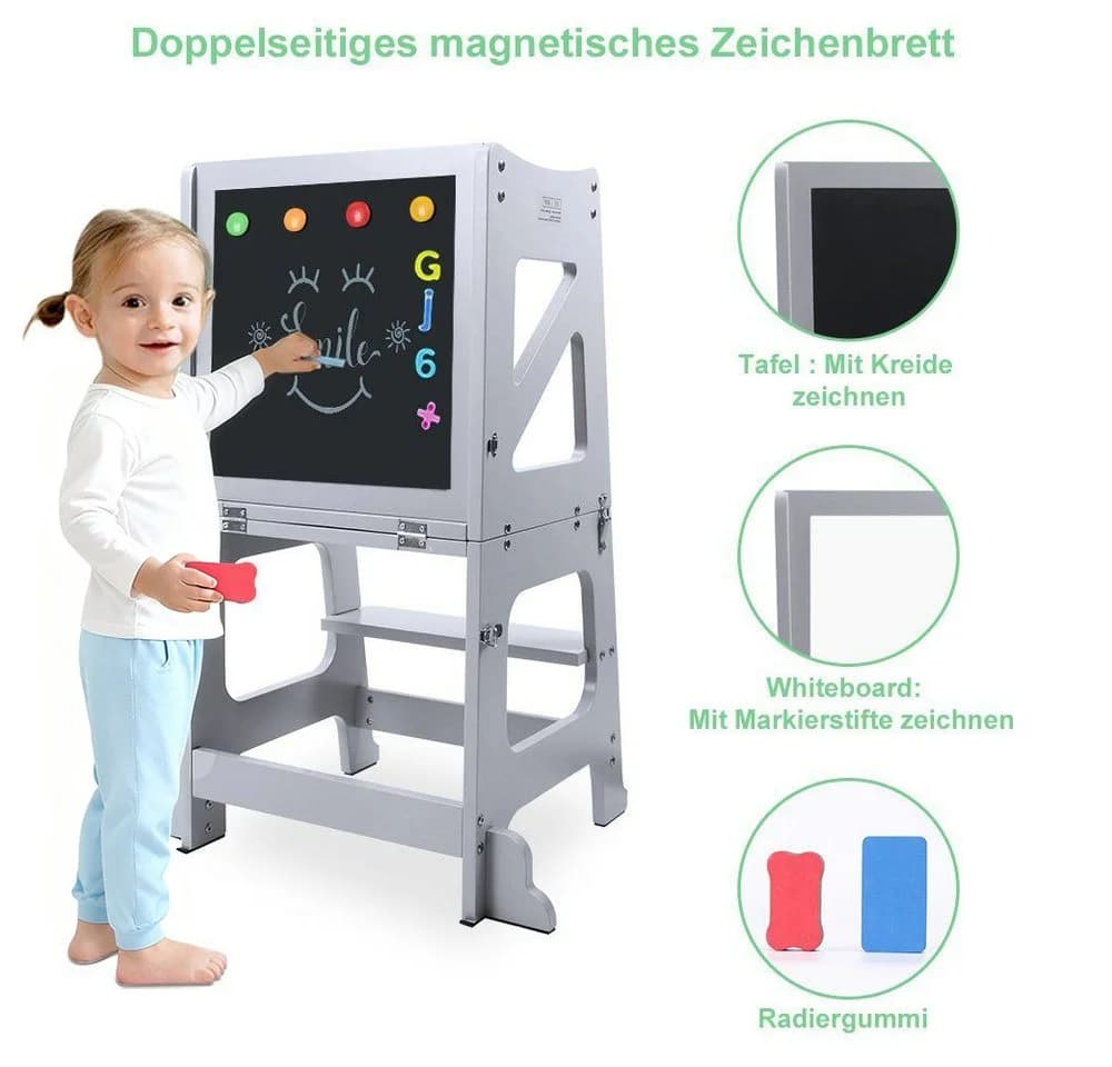 YOLEO Kinderstuhl 2 in 1 Lernturm mit Sicherheitsstange Grau - Bild 4