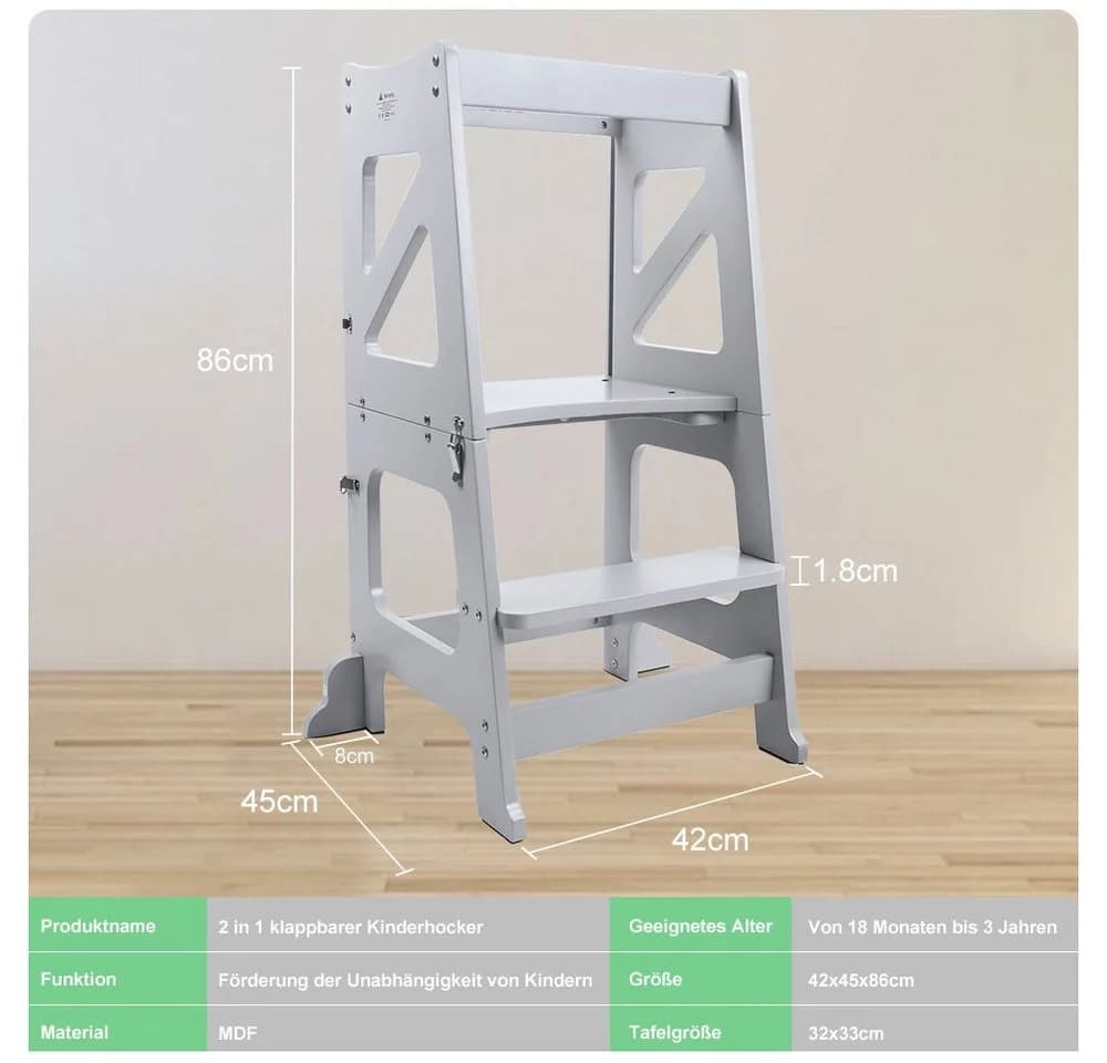 YOLEO Kinderstuhl 2 in 1 Lernturm mit Sicherheitsstange Grau - Bild 5