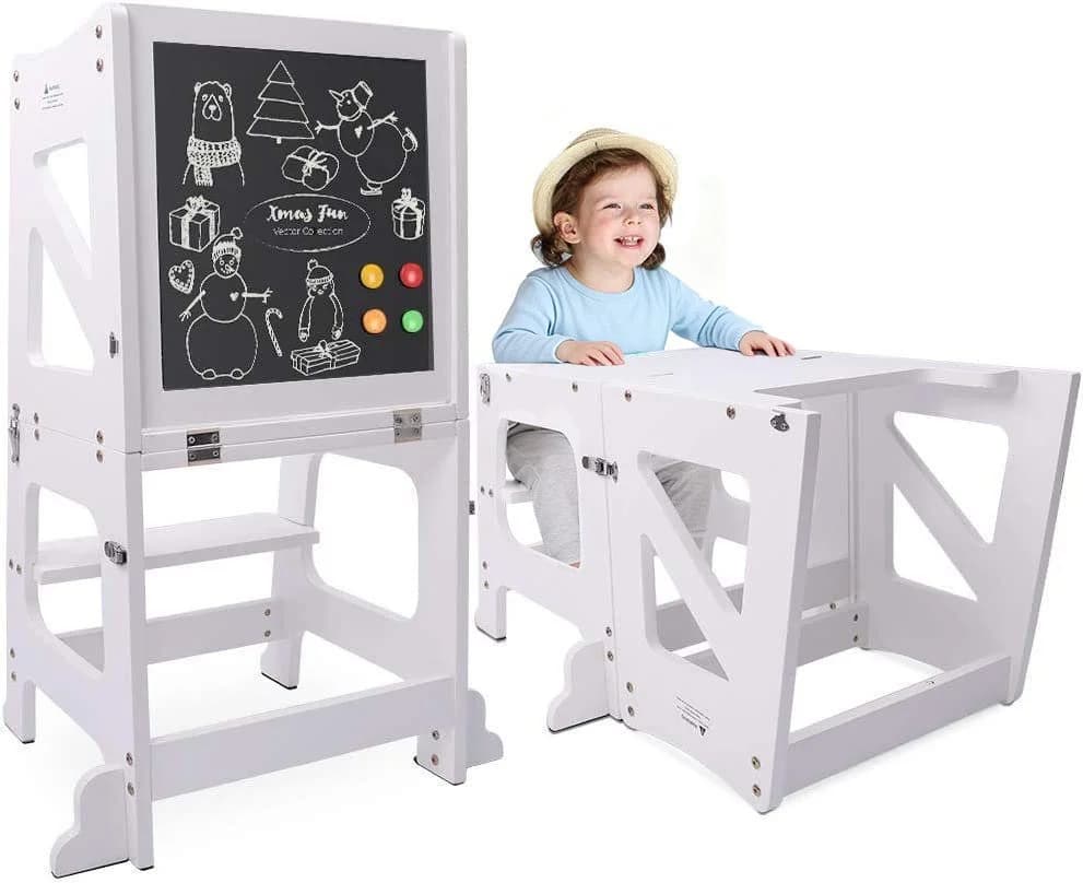 YOLEO Kinderstuhl 2 in 1 Lernturm mit Magnettafel Weiß - Bild 2